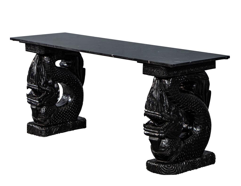 Asian Marble-Top Console with Carved Dragon Pedestals In Good Condition In North York, ON