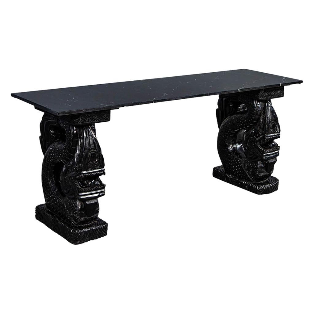 Asian Marble-Top Console with Carved Dragon Pedestals