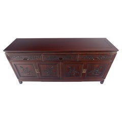 Asian Mid Century Modern Carved 4 Doors 3 Drawers Credenza Dark Solid Teak MINT