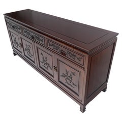 Asian Mid Century Modern Carved 4 Doors 3 Drawers Credenza Dark Solid Teak MINT