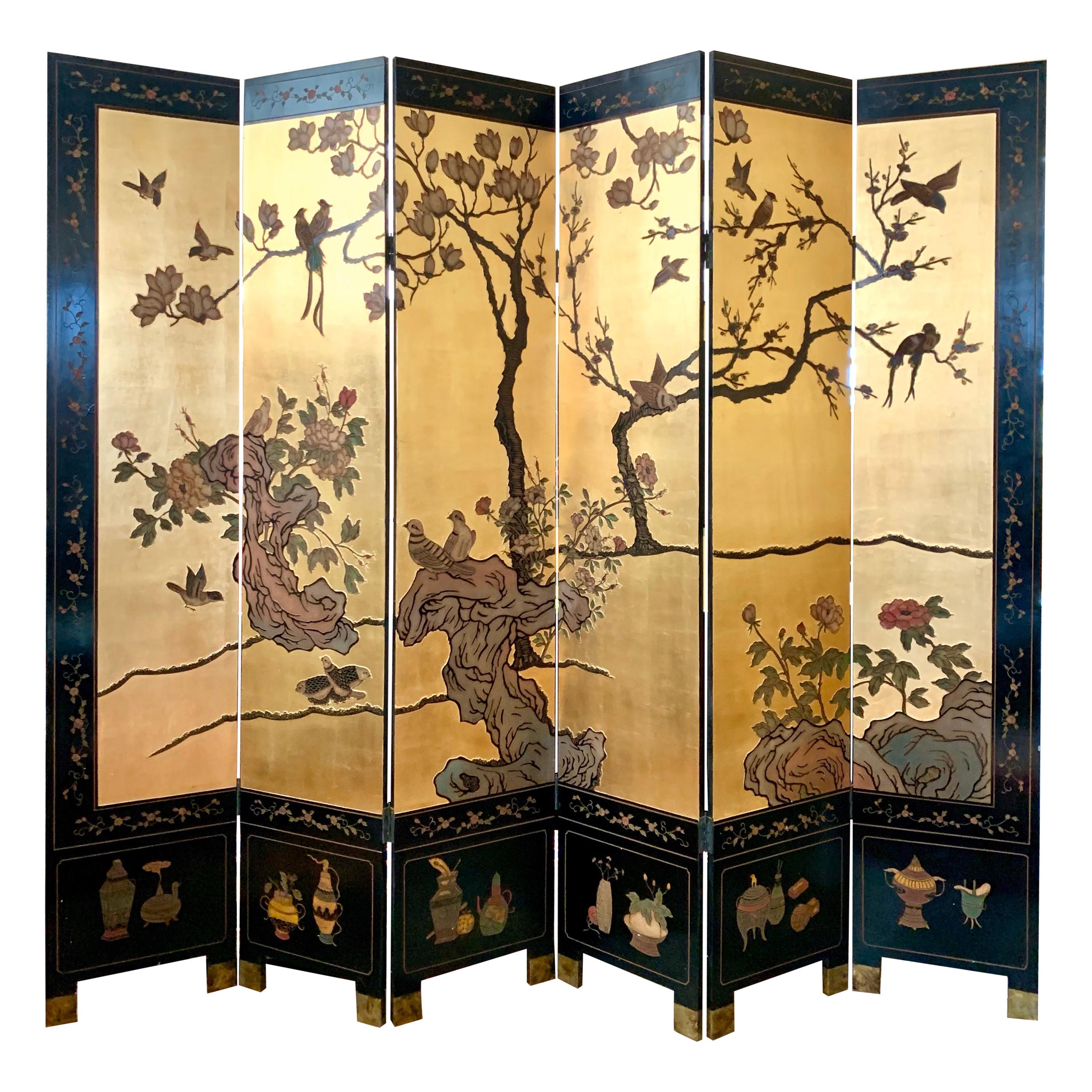 Asian Mid-Century Modern Gold Leaf Room Divider Screen