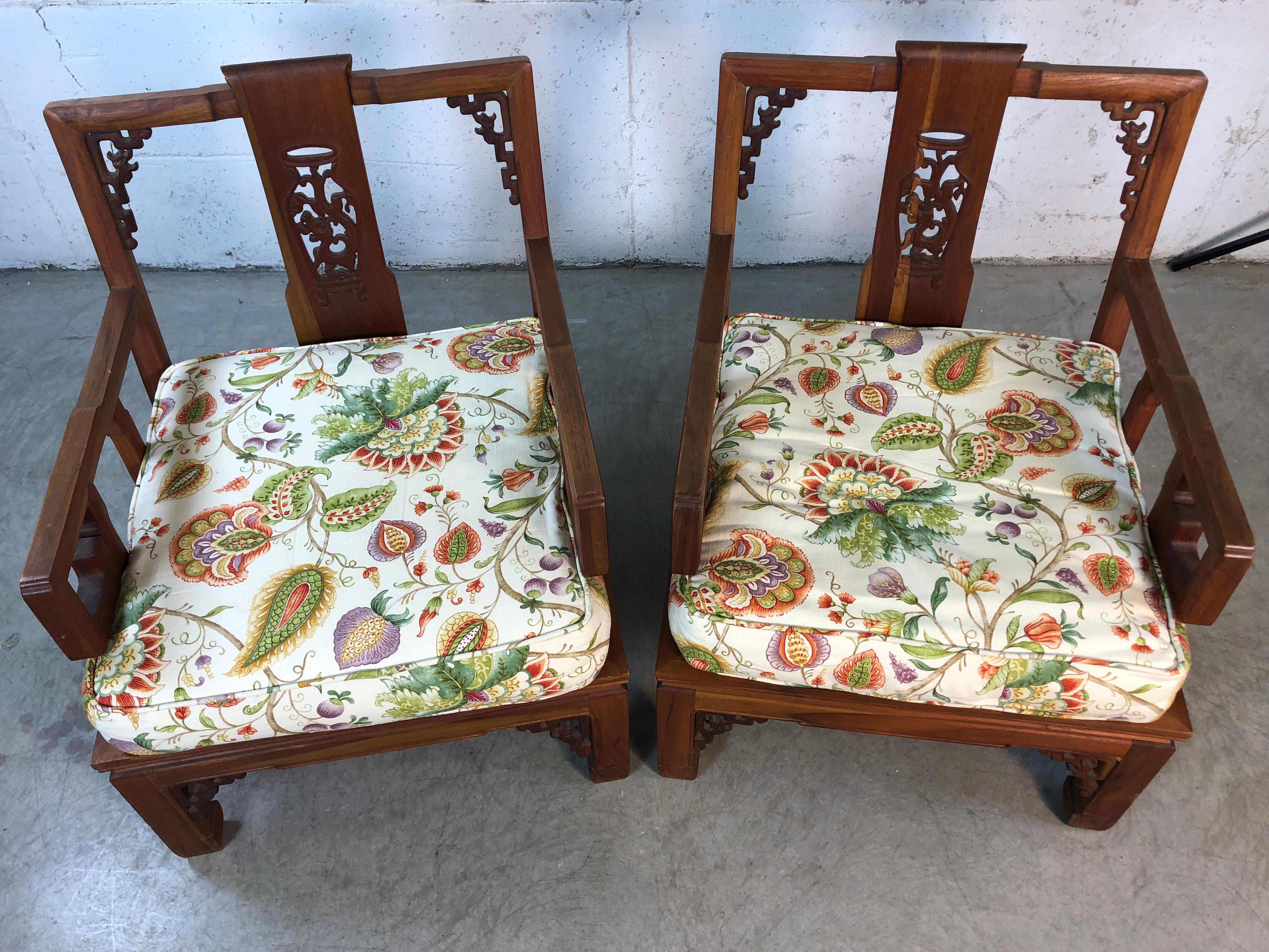 Asian Ming Style Low Carved Armchairs, Pair For Sale 5