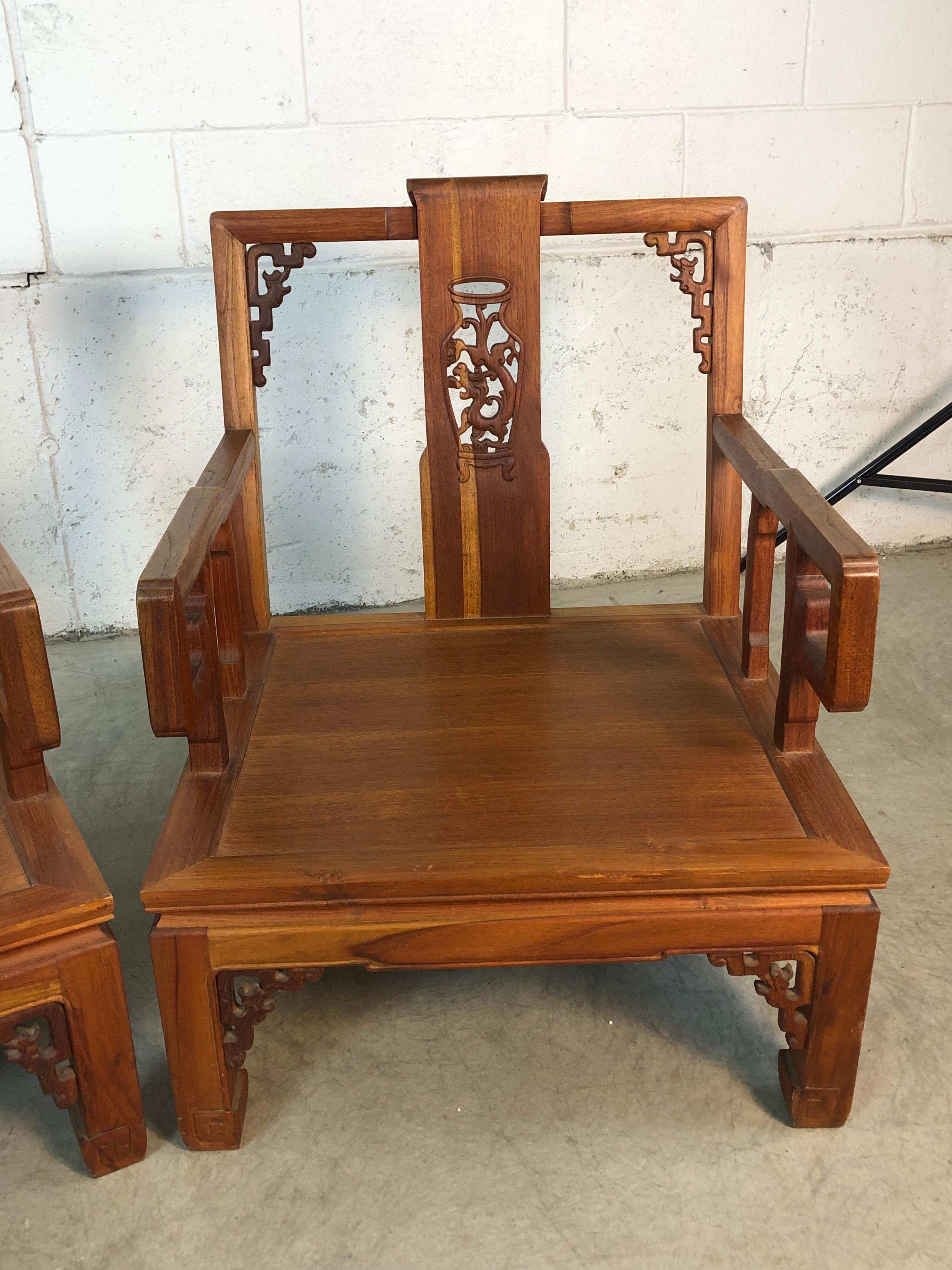 Asian Ming Style Low Carved Armchairs, Pair In Good Condition For Sale In Amherst, NH