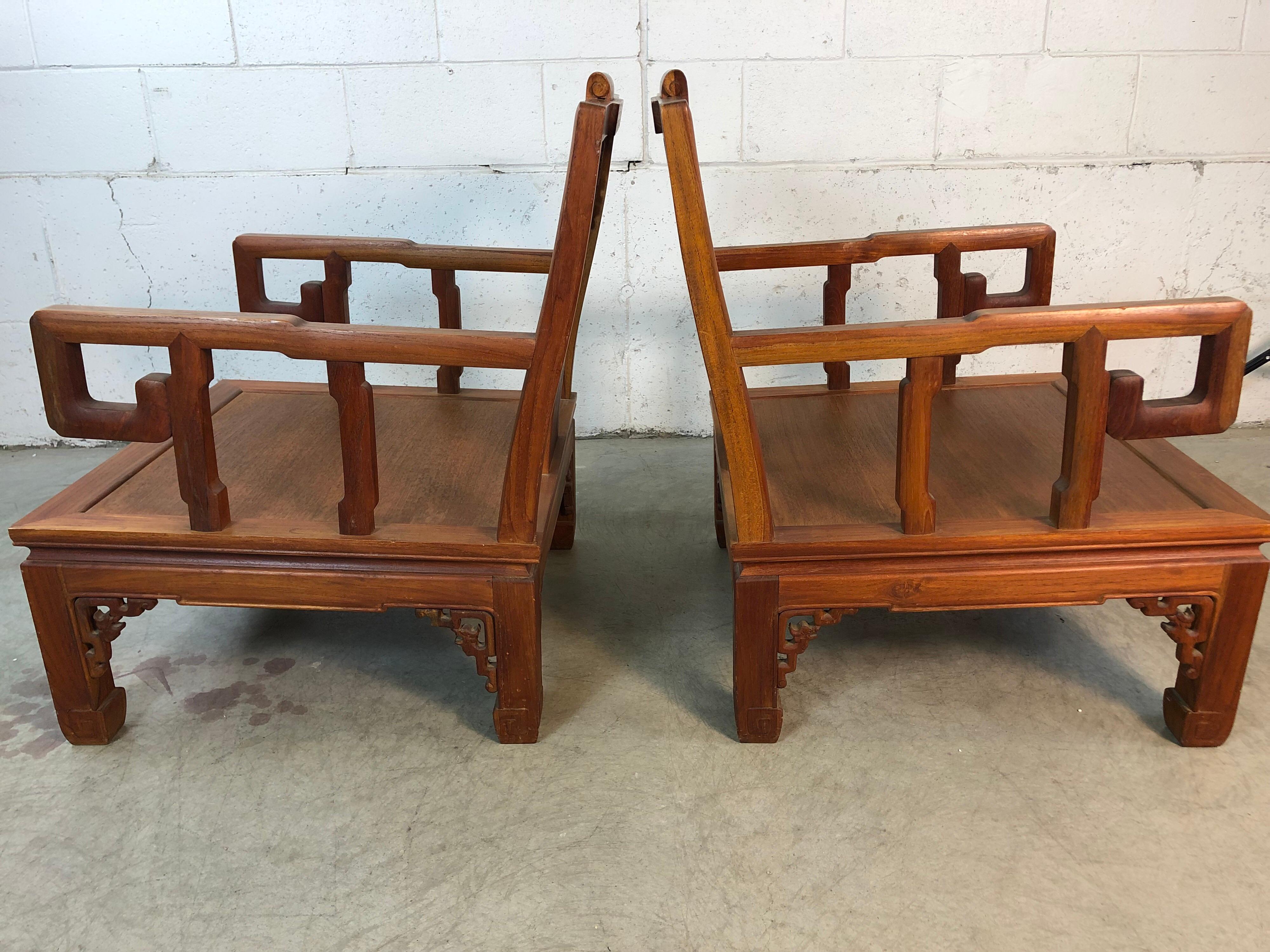 Asian Ming Style Low Carved Armchairs, Pair For Sale 2