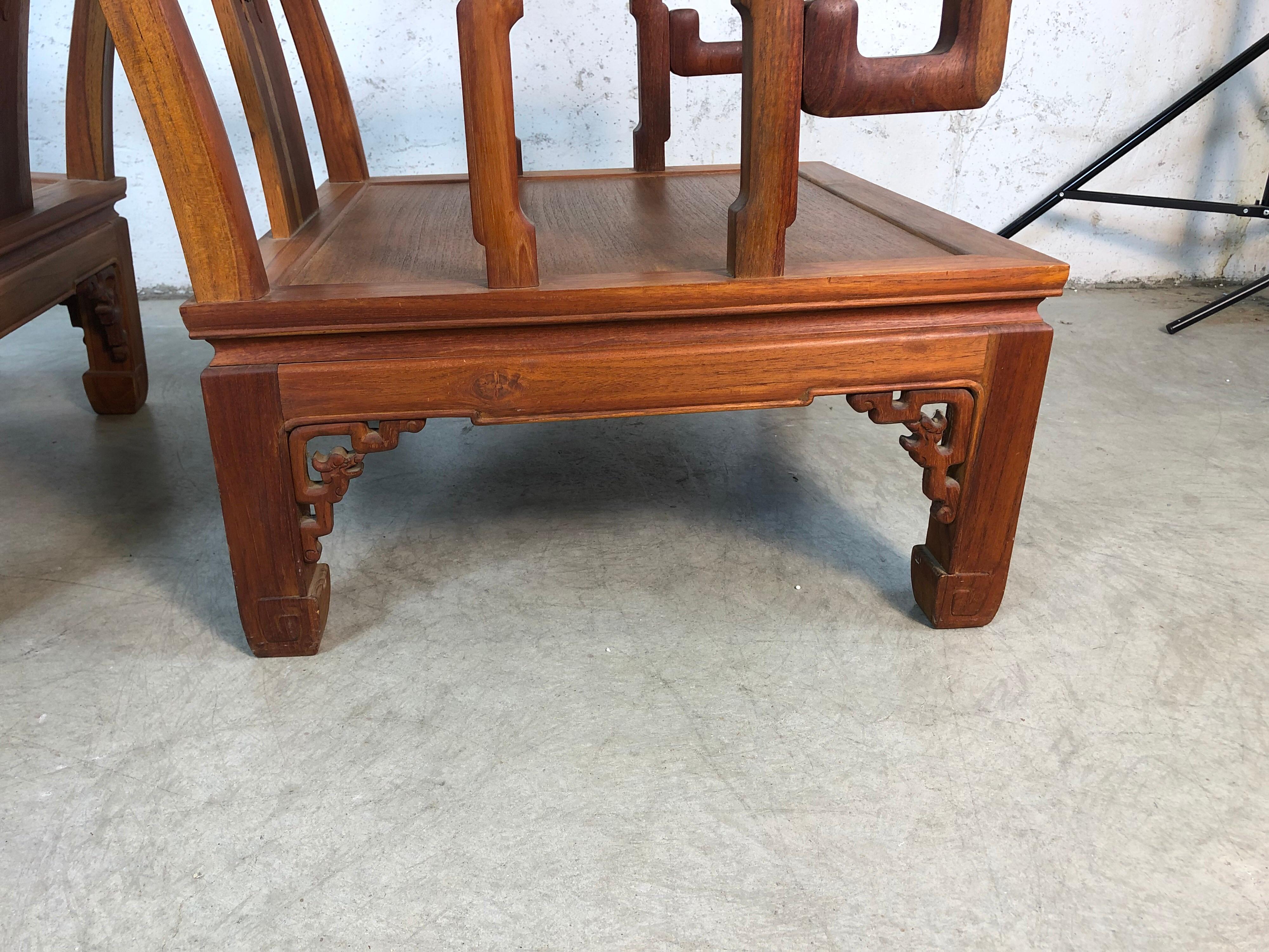 Asian Ming Style Low Carved Armchairs, Pair For Sale 3