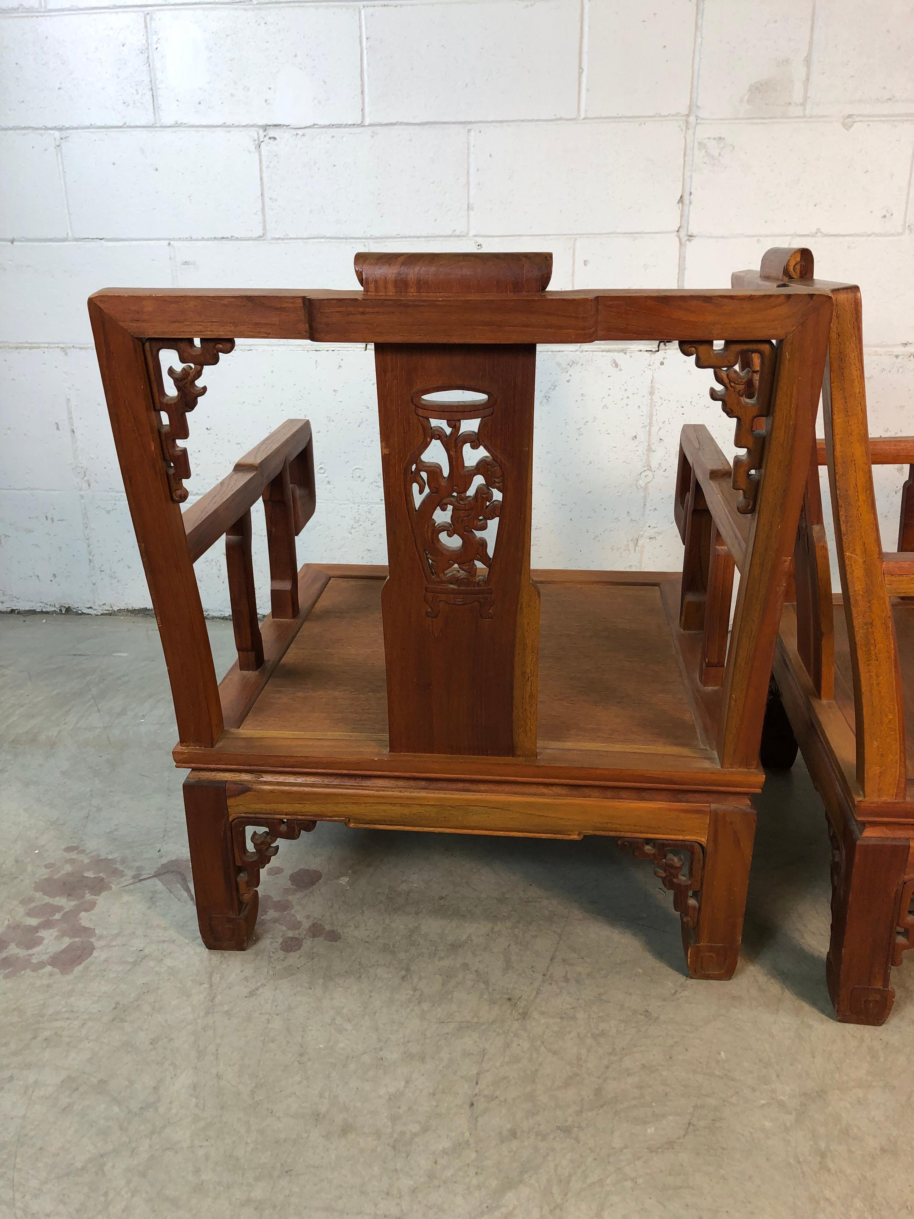 Asian Ming Style Low Carved Armchairs, Pair For Sale 4