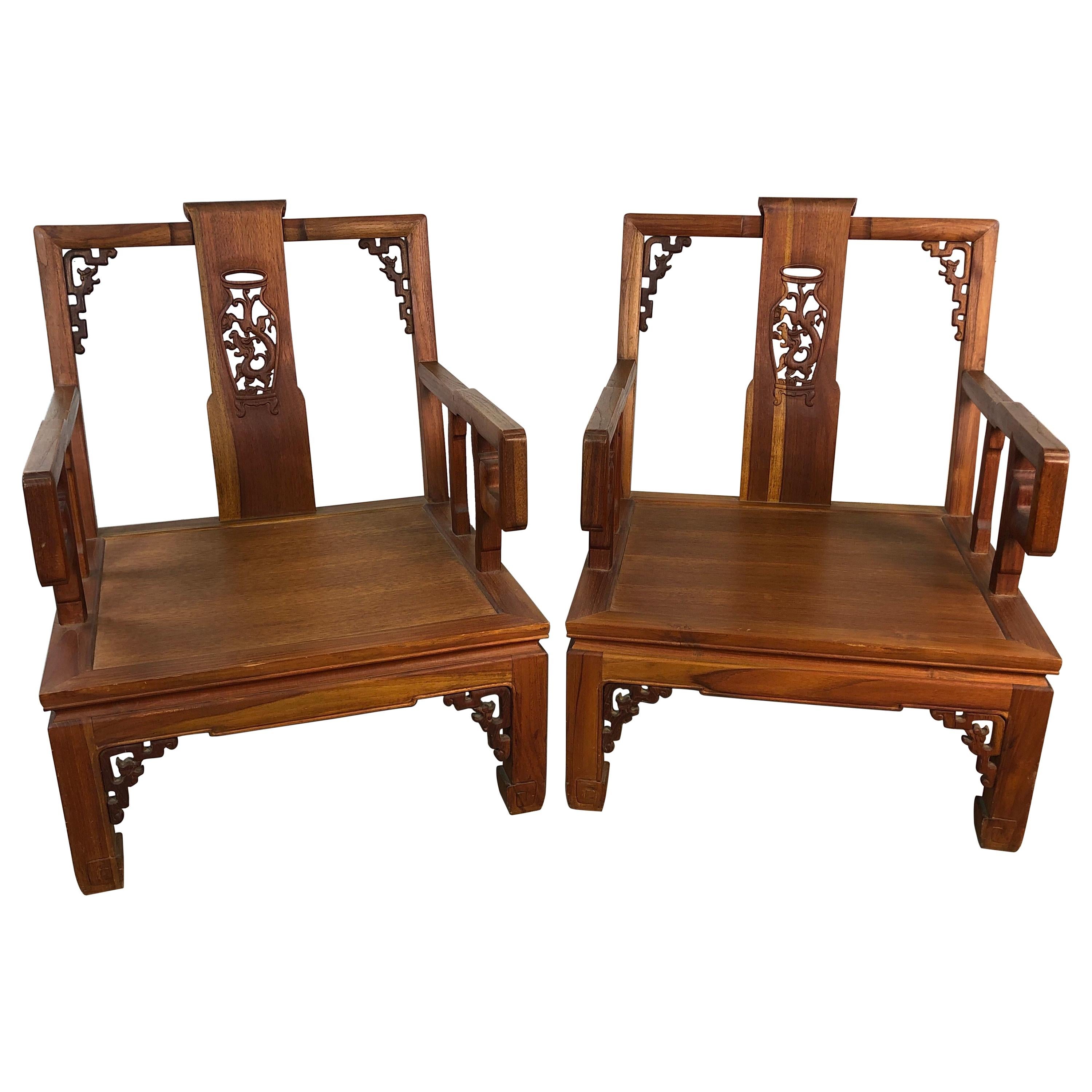Asian Ming Style Low Carved Armchairs, Pair For Sale