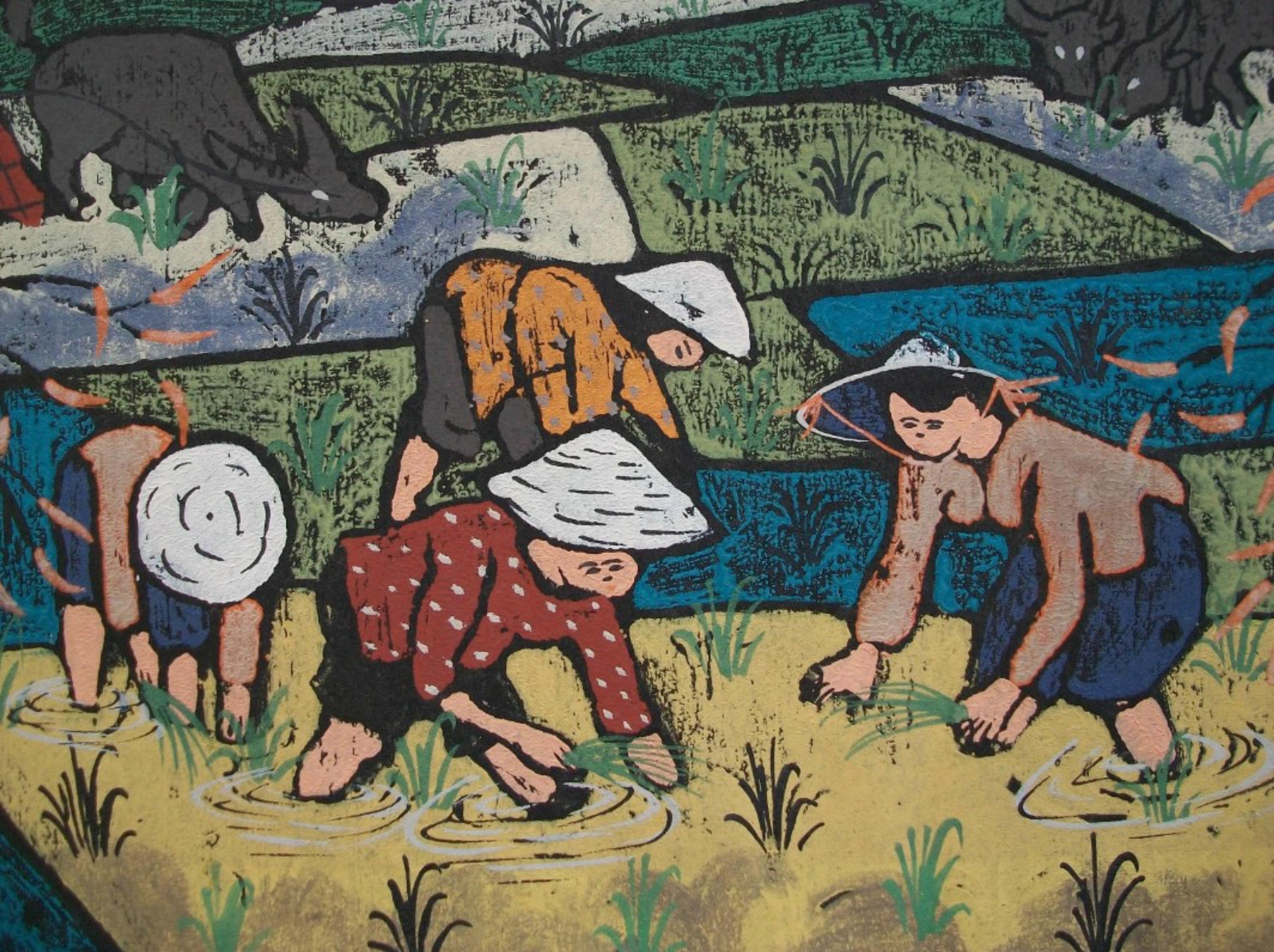 Chinoiseries Peinture asiatique en techniques mixtes et pastel à l'eau - Non encadrée - Vietnam - Circa 1998 en vente