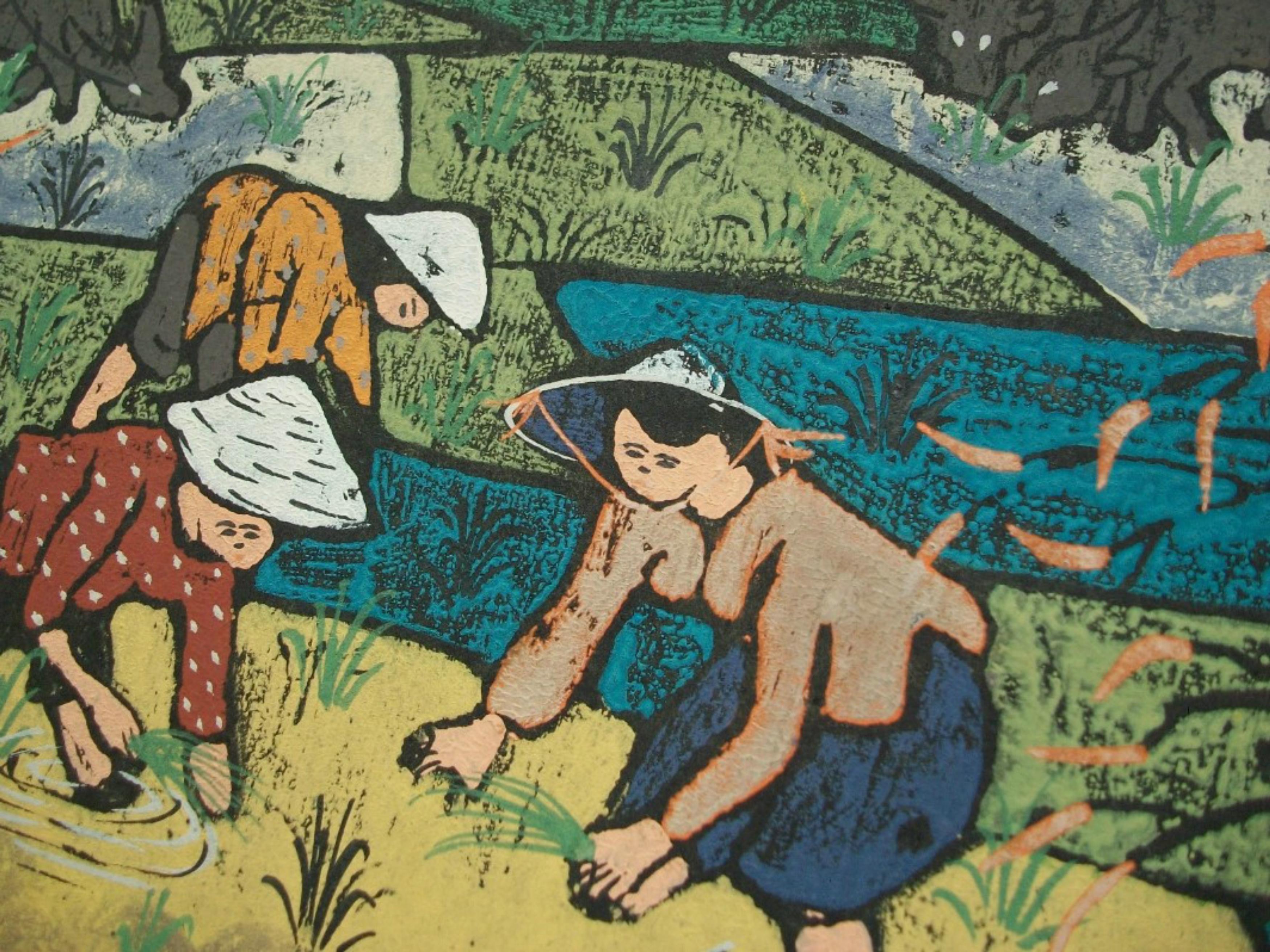 Fait main Peinture asiatique en techniques mixtes et pastel à l'eau - Non encadrée - Vietnam - Circa 1998 en vente