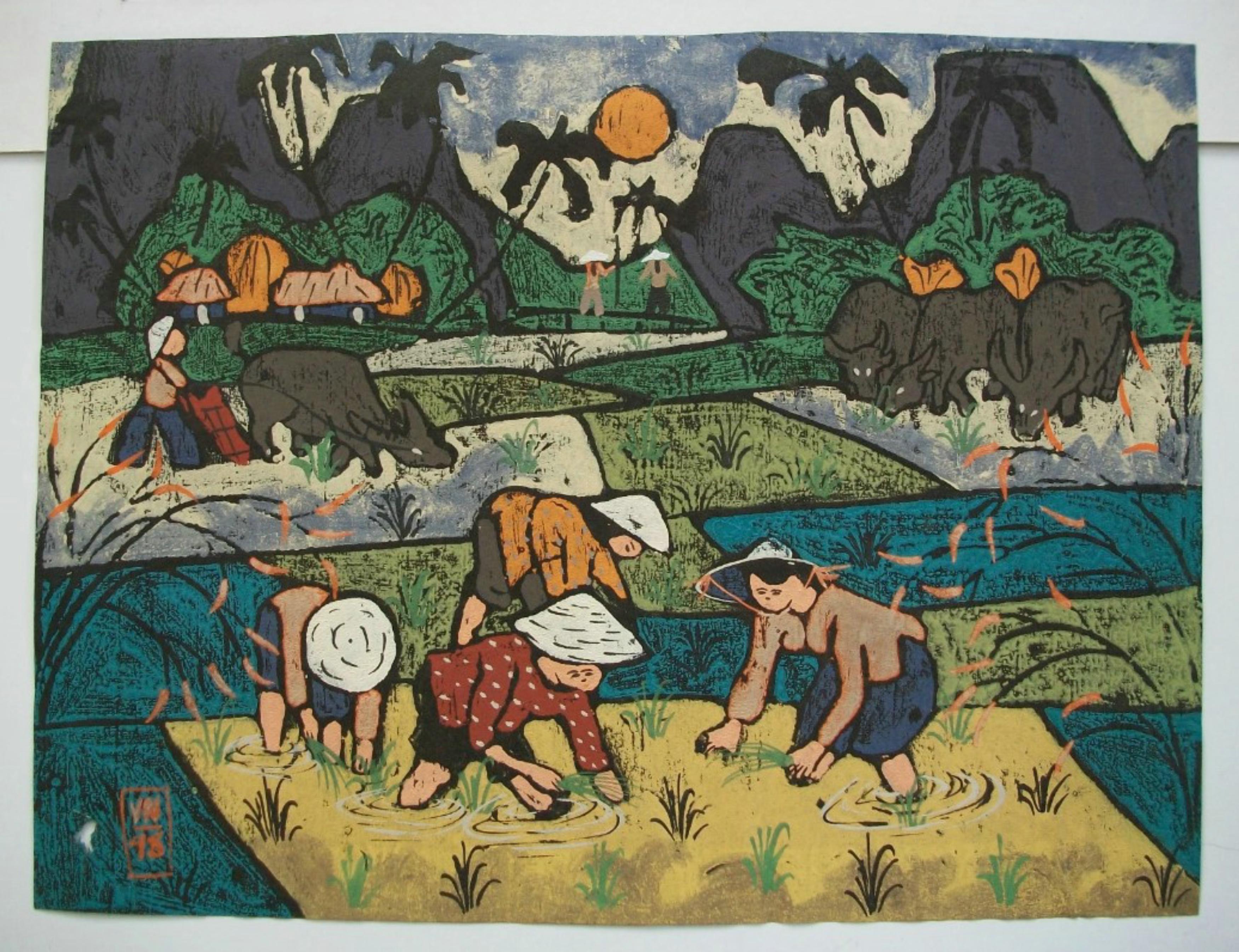 20ième siècle Peinture asiatique en techniques mixtes et pastel à l'eau - Non encadrée - Vietnam - Circa 1998 en vente