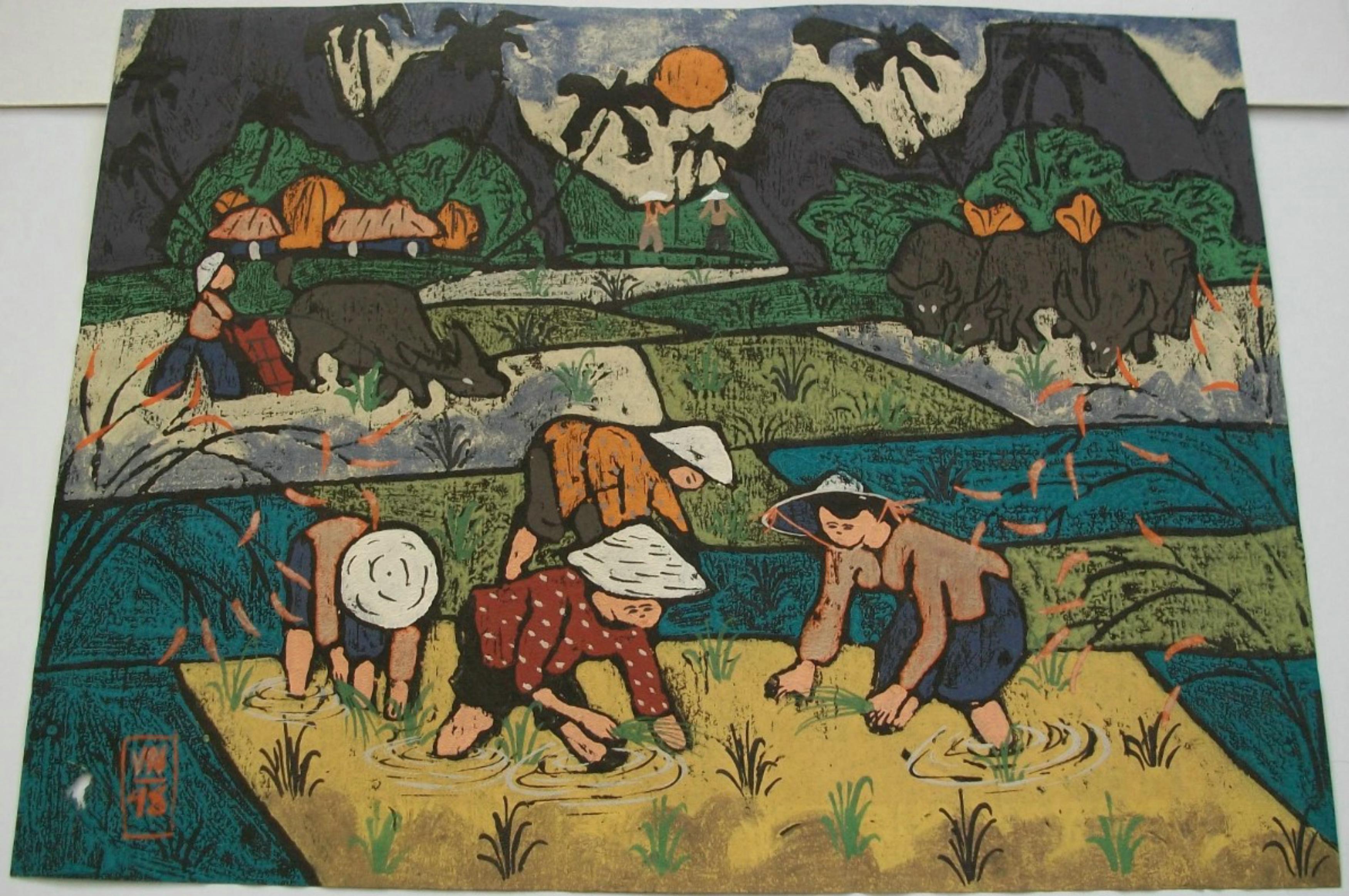 Peinture asiatique en techniques mixtes et pastel à l'eau - Non encadrée - Vietnam - Circa 1998 en vente 1