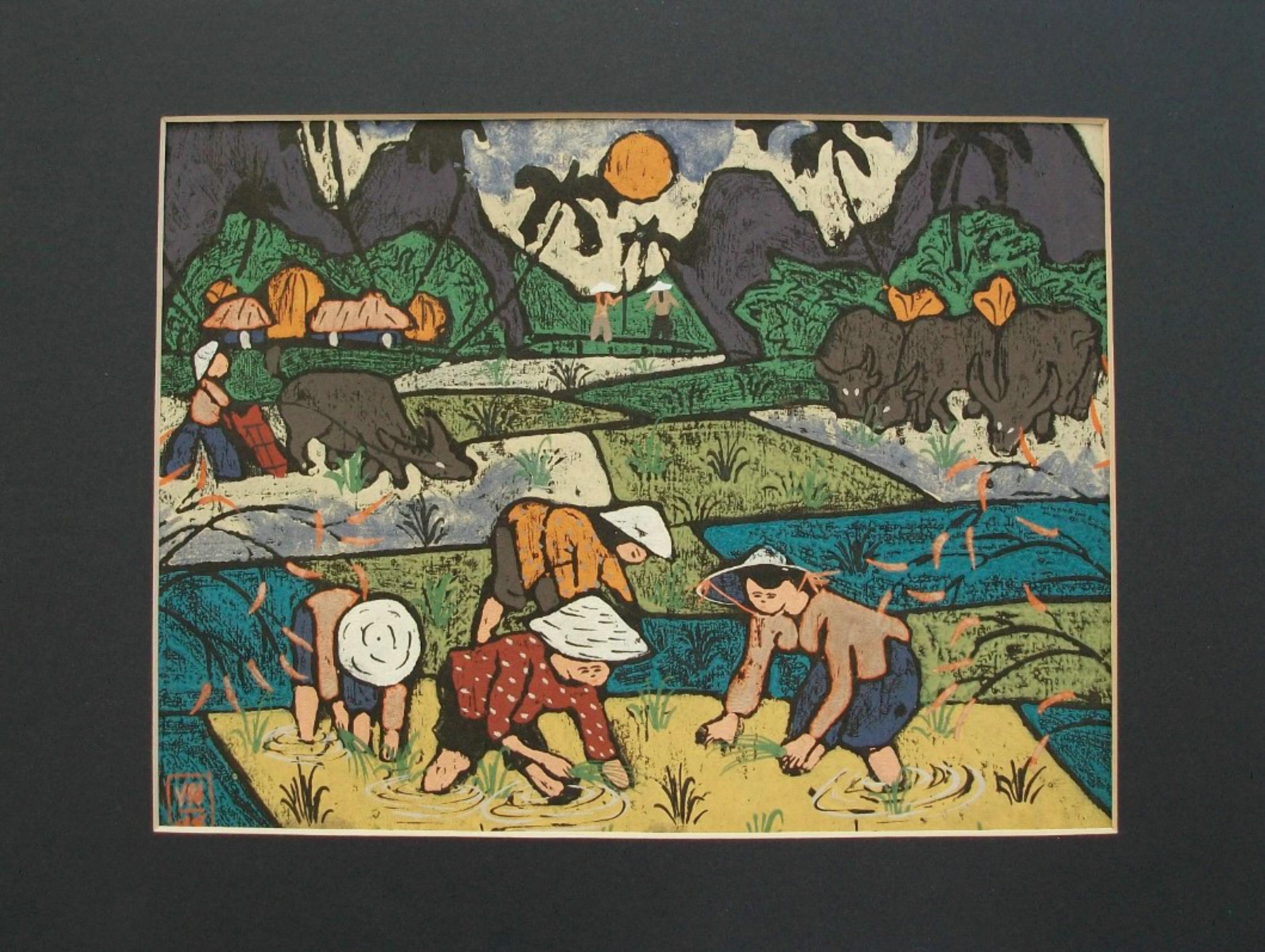 Peinture asiatique en techniques mixtes et pastel à l'eau - Non encadrée - Vietnam - Circa 1998 en vente 2