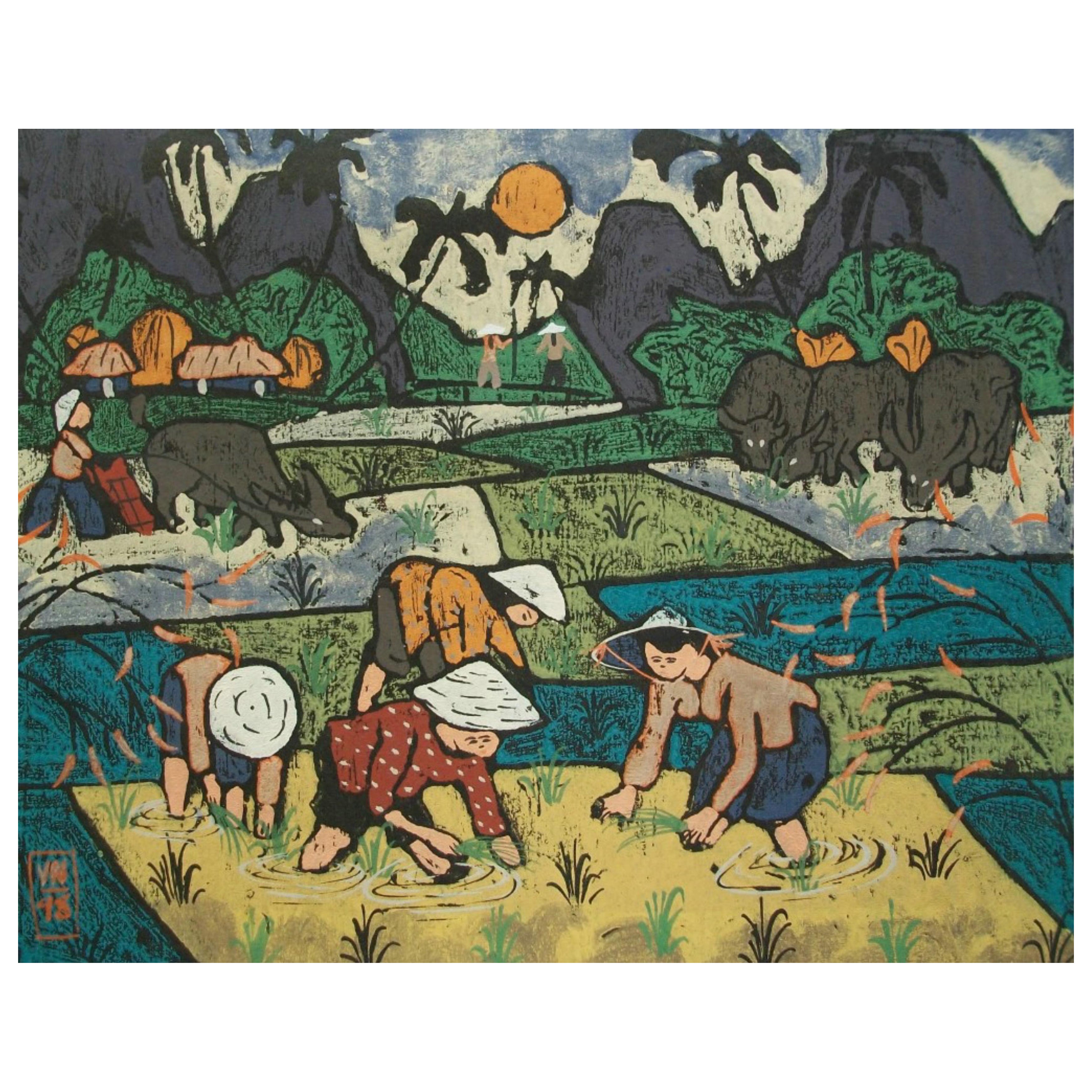 Asiatisches Gemälde mit gemischten Medien und Wasserpastell - ungerahmt - Vietnam - CIRCA 1998