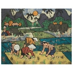 Peinture asiatique en techniques mixtes et pastel à l
eau - Non encadrée - Vietnam - Circa 1998