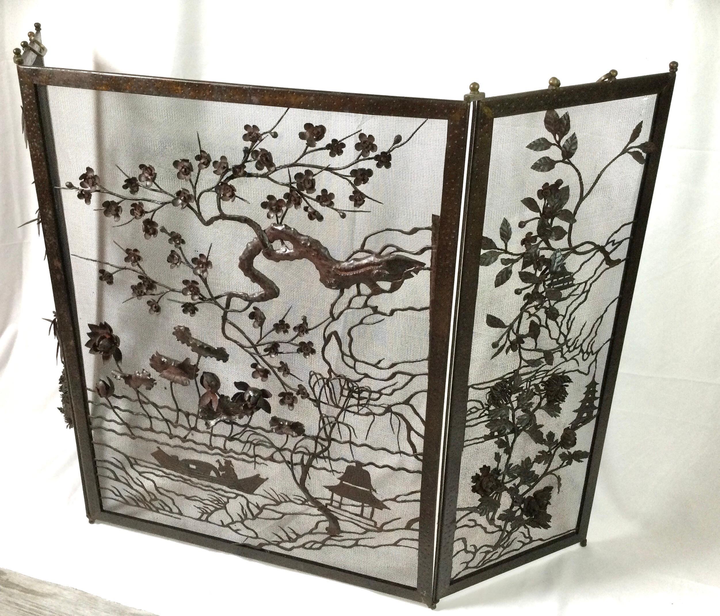 Unknown Asian Mixed Metal Three Paneled Fire Screen