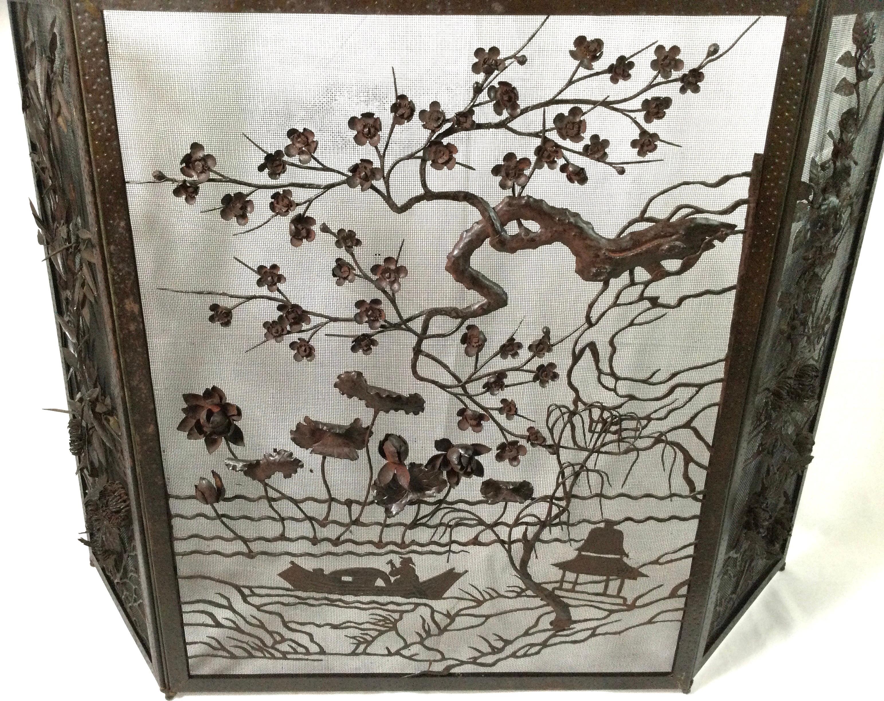 Asian Mixed Metal Three Paneled Fire Screen In Good Condition In Lambertville, NJ