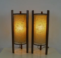 Asian Modern 1950s Noguchi Style Pair of Raffia and Wood Table Lamps