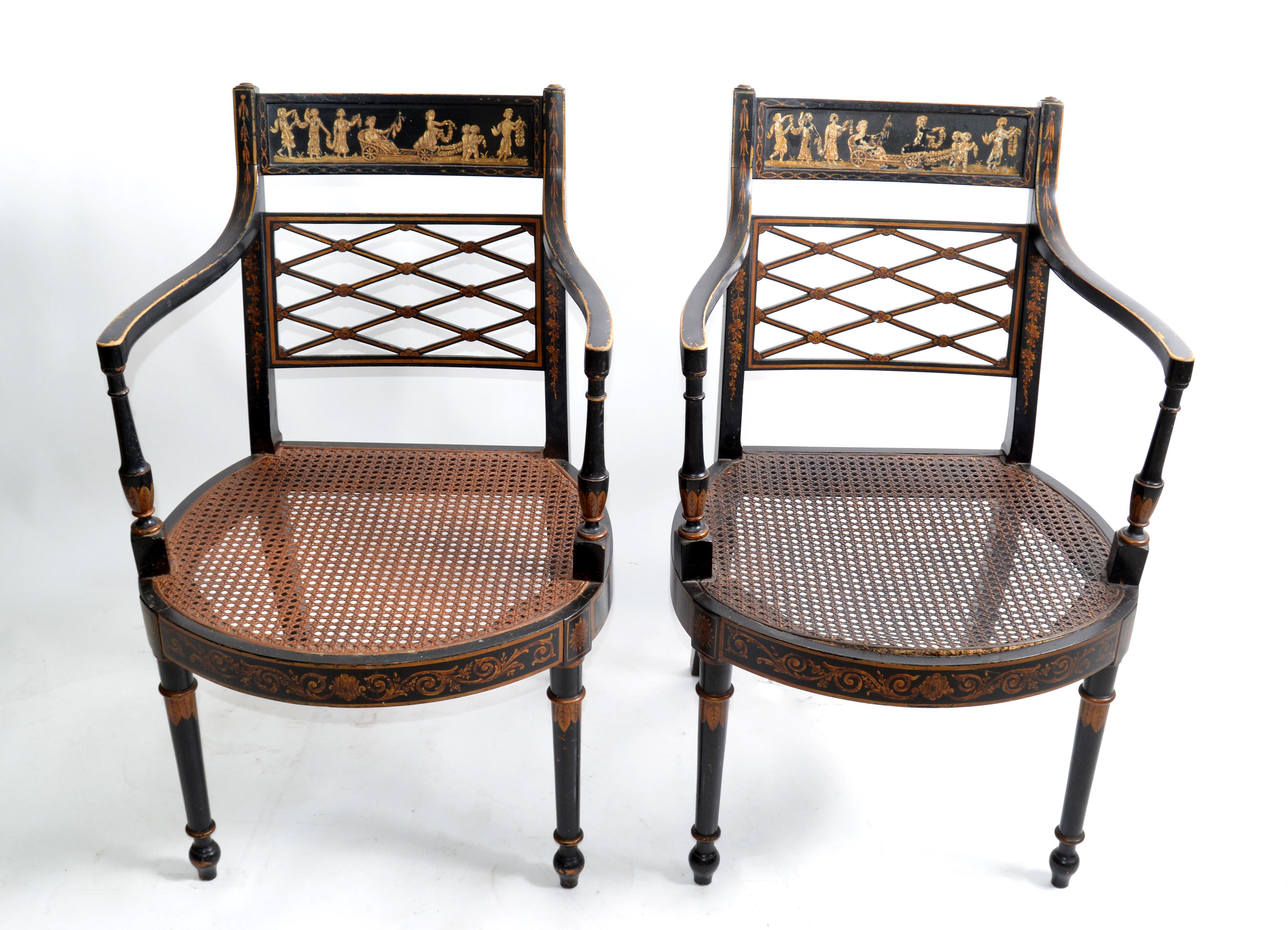 Asian Modern Antique Armchairs Black Lacquered & Gold Finish Cane Seat, Pair For Sale 3