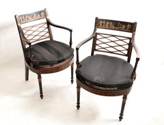 Asian Modern Antique Armchairs Black Lacquered & Gold Finish Cane Seat, Pair