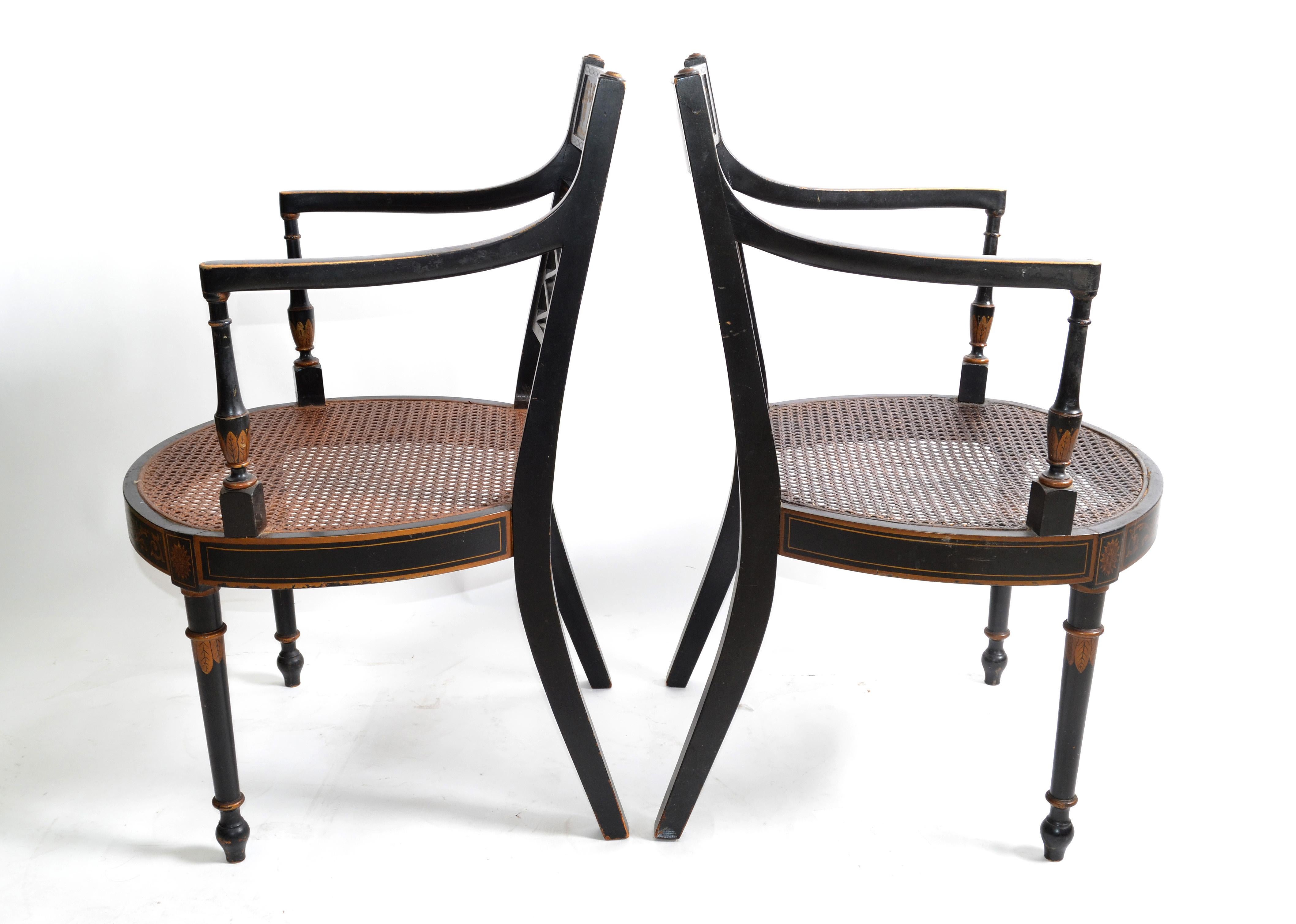 Chinoiserie Asian Modern Antique Armchairs Black Lacquered & Gold Finish Cane Seat, Pair For Sale