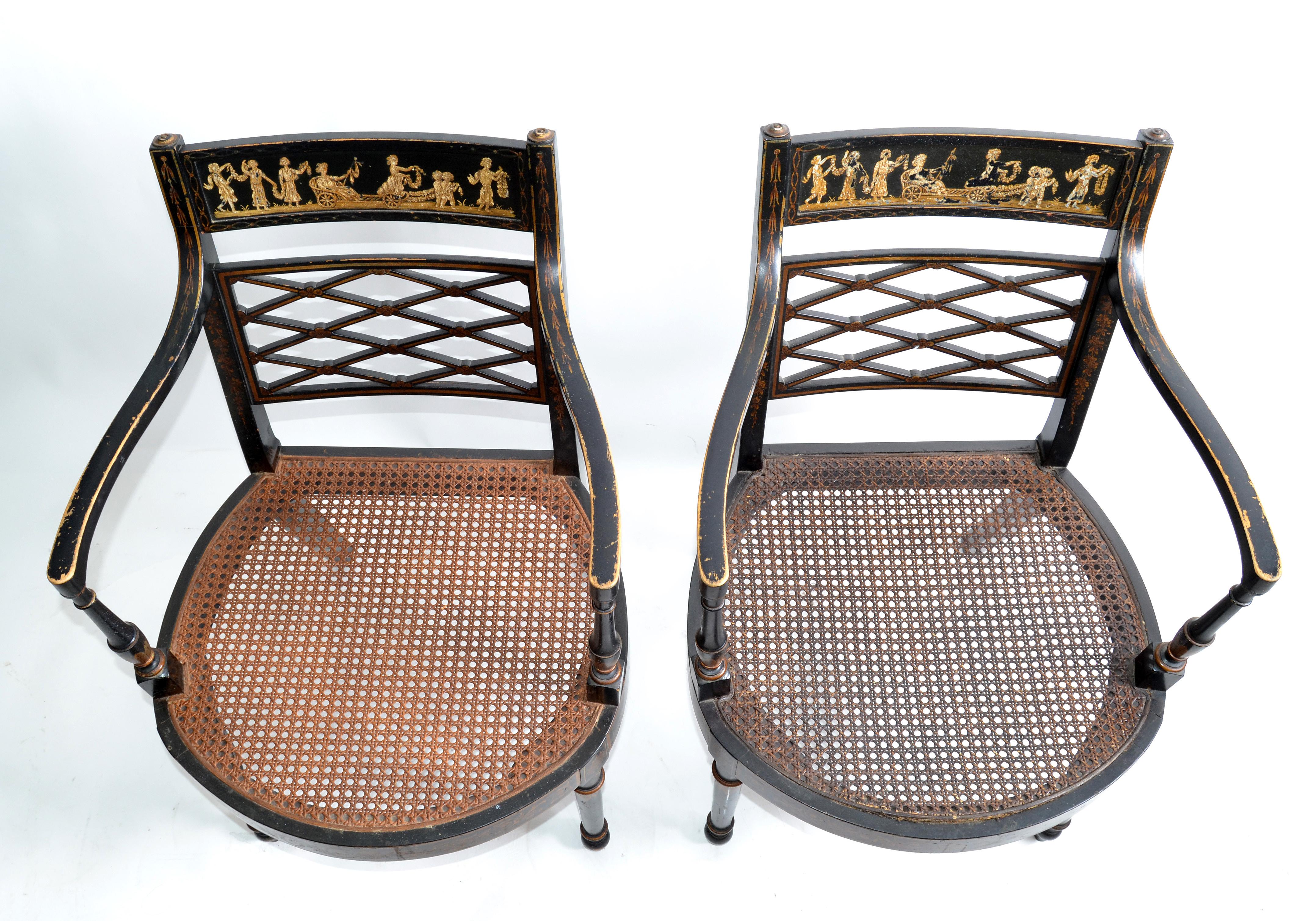 South Asian Asian Modern Antique Armchairs Black Lacquered & Gold Finish Cane Seat, Pair For Sale