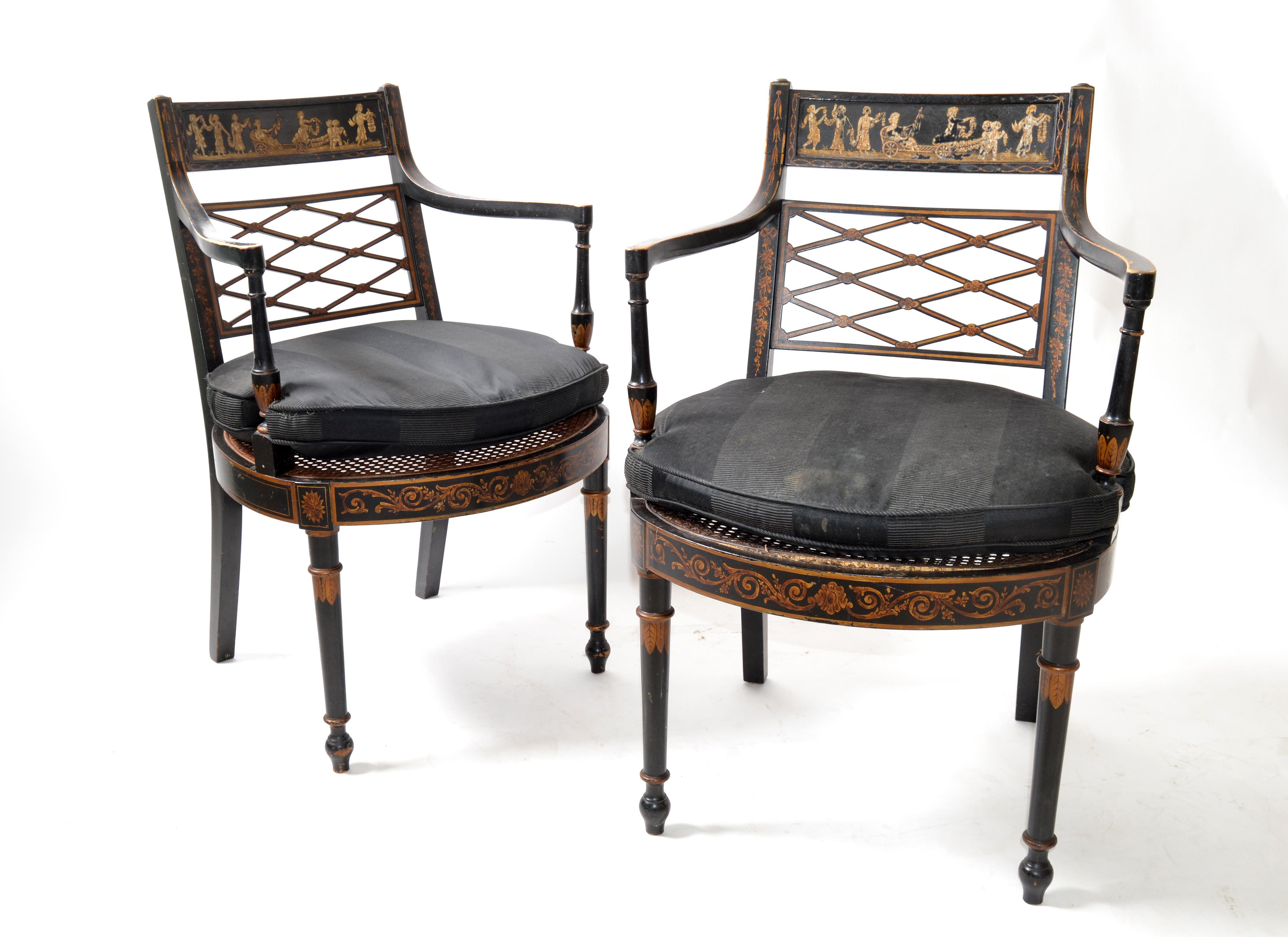 Hand-Carved Asian Modern Antique Armchairs Black Lacquered & Gold Finish Cane Seat, Pair For Sale