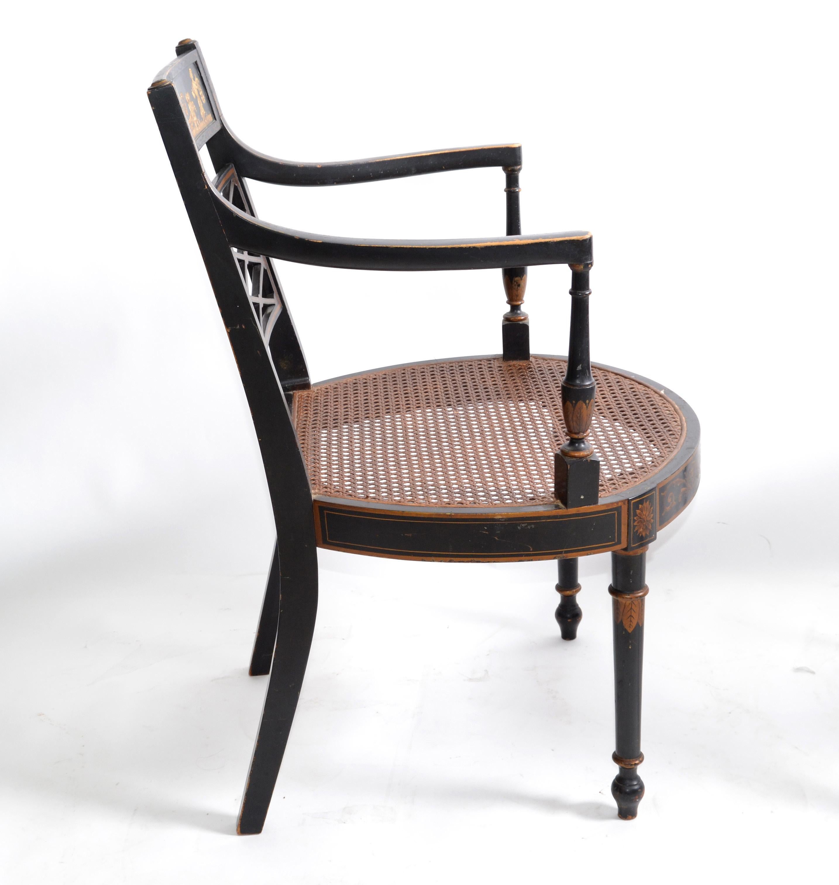 Asian Modern Antique Armchairs Black Lacquered & Gold Finish Cane Seat, Pair In Good Condition For Sale In Miami, FL
