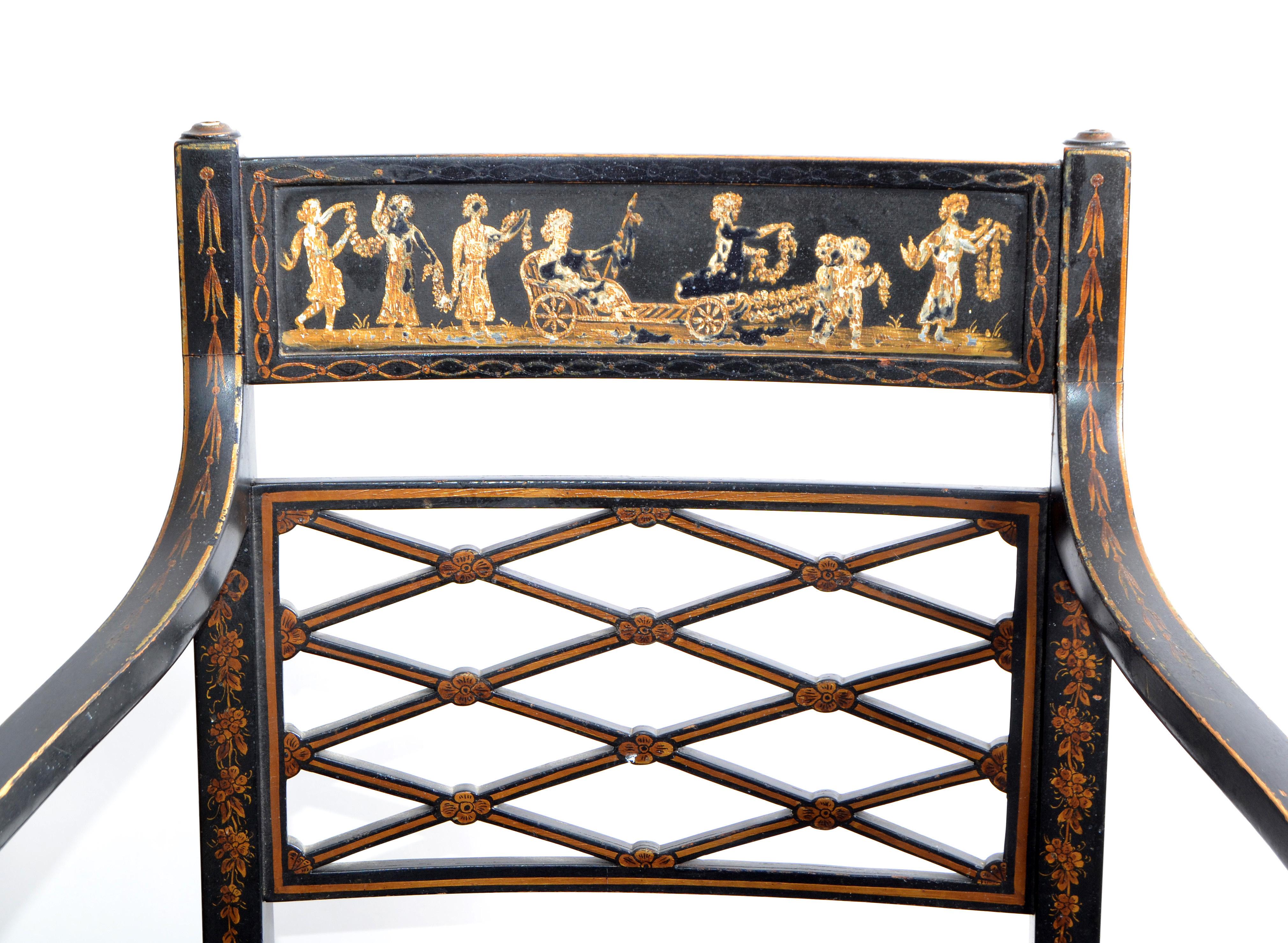 19th Century Asian Modern Antique Armchairs Black Lacquered & Gold Finish Cane Seat, Pair For Sale