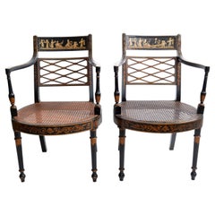 Asian Modern Antike Sessel Schwarz lackiert & Gold Finish Cane Sitz, Paar