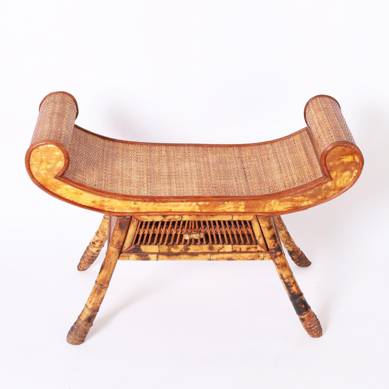 Mid-Century Modern Asian Modern Bamboo and Grasscloth Bench