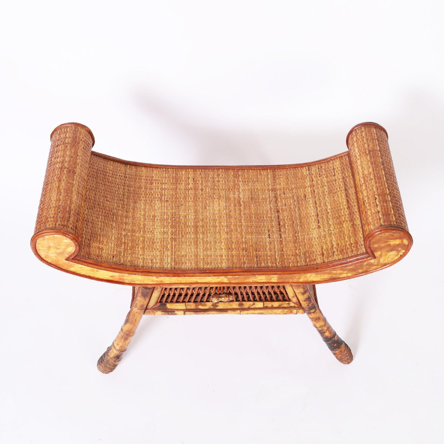 Philippine Asian Modern Bamboo and Grasscloth Bench