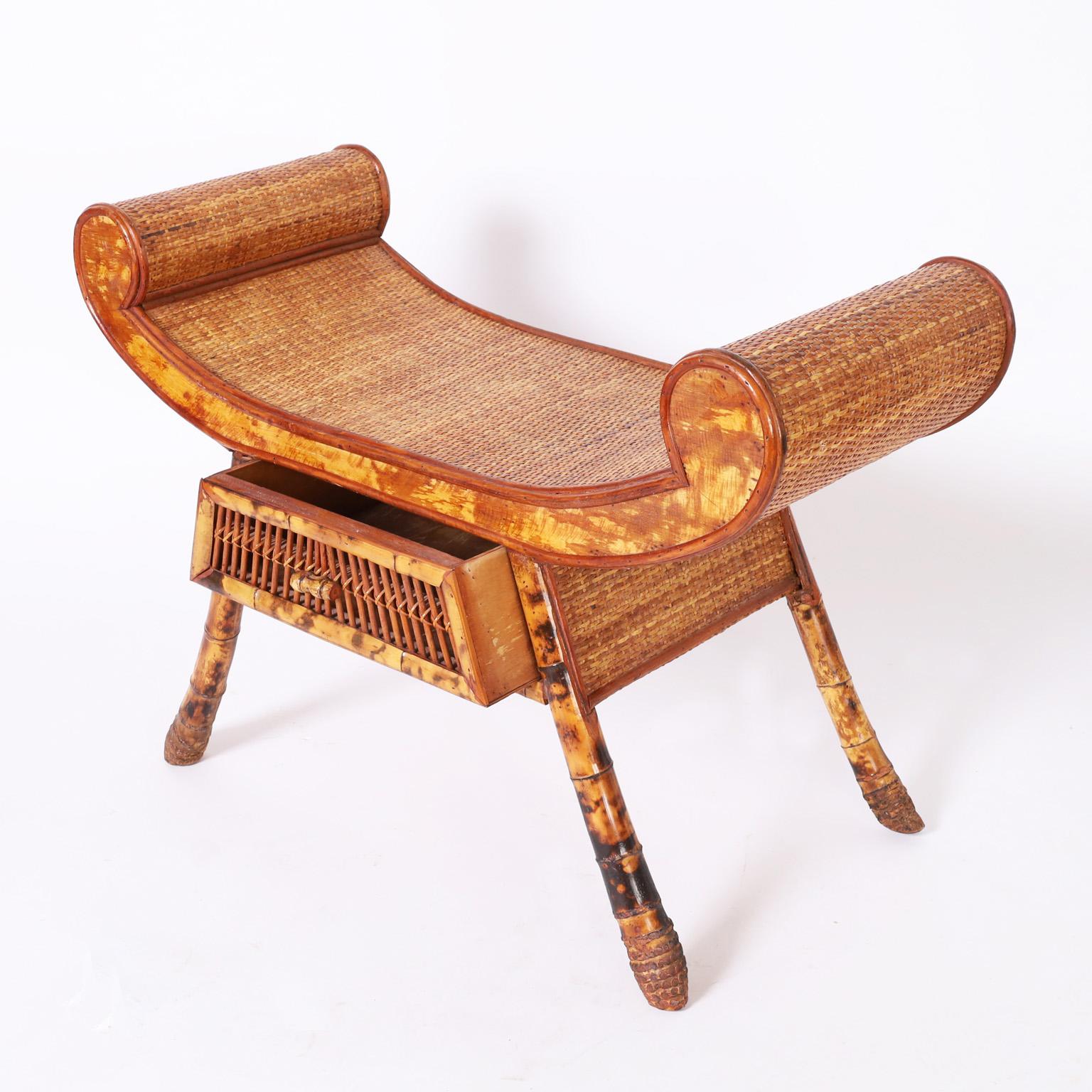 Hand-Crafted Asian Modern Bamboo and Grasscloth Bench