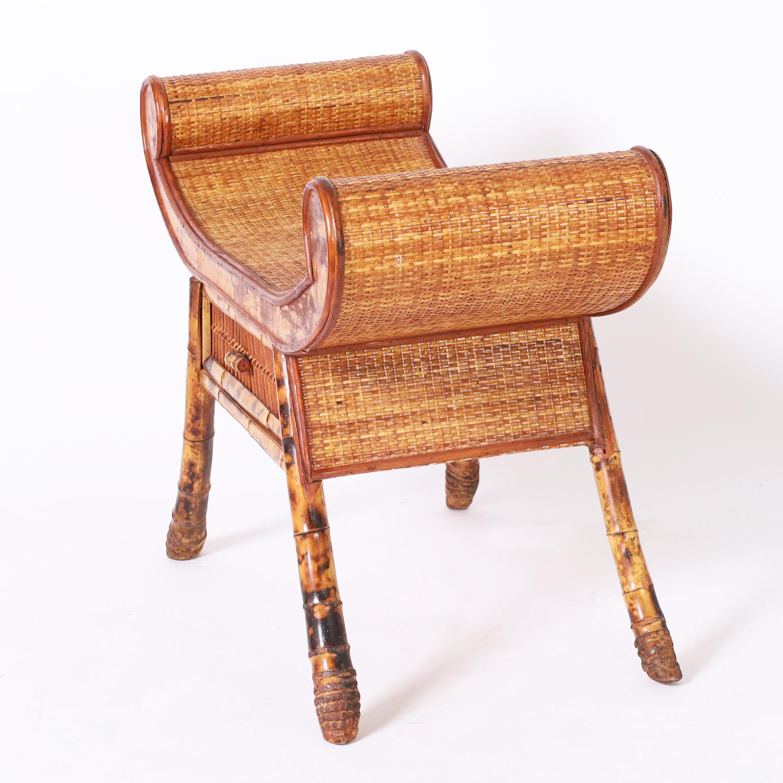 Hand-Crafted Asian Modern Bamboo and Grasscloth Bench