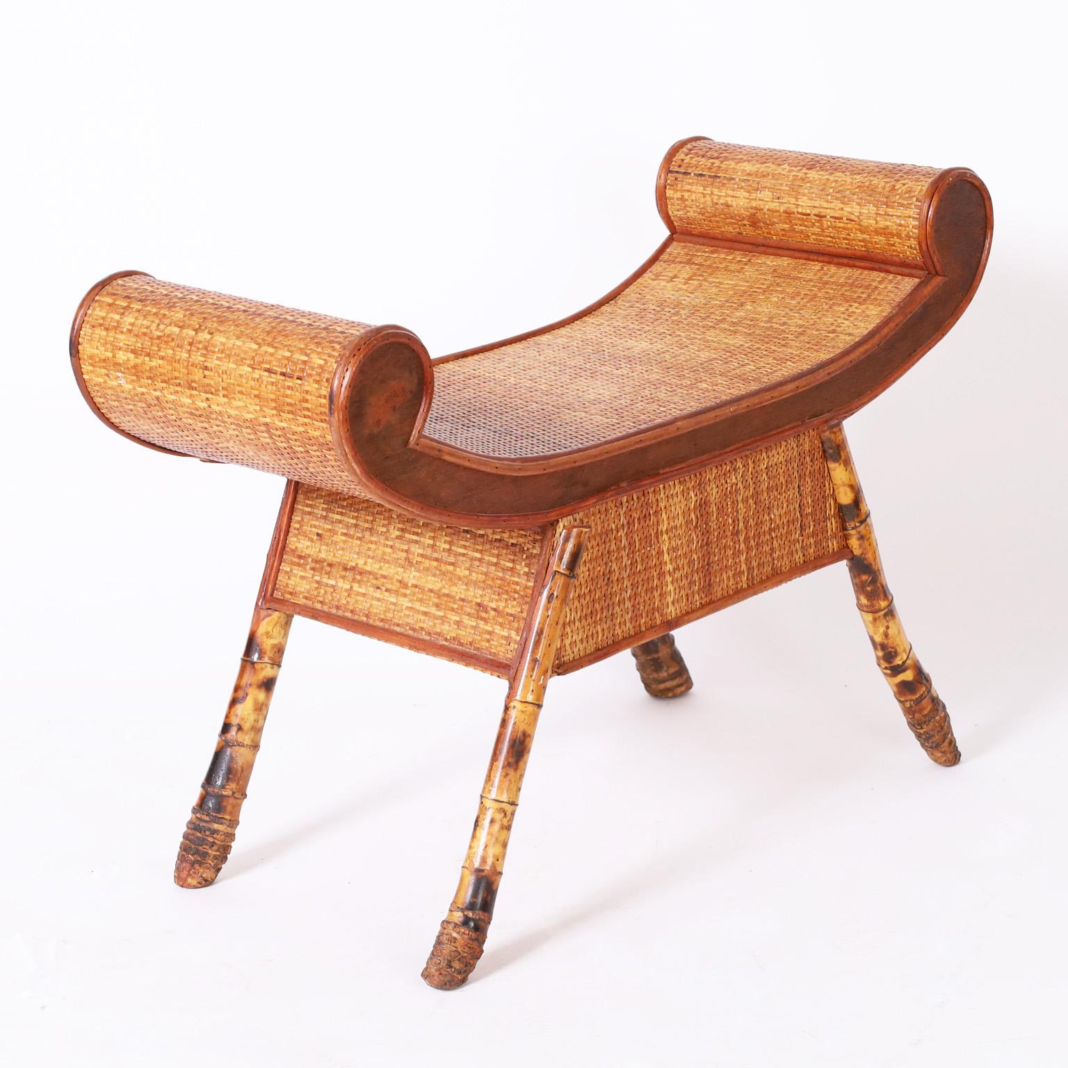 20th Century Asian Modern Bamboo and Grasscloth Bench