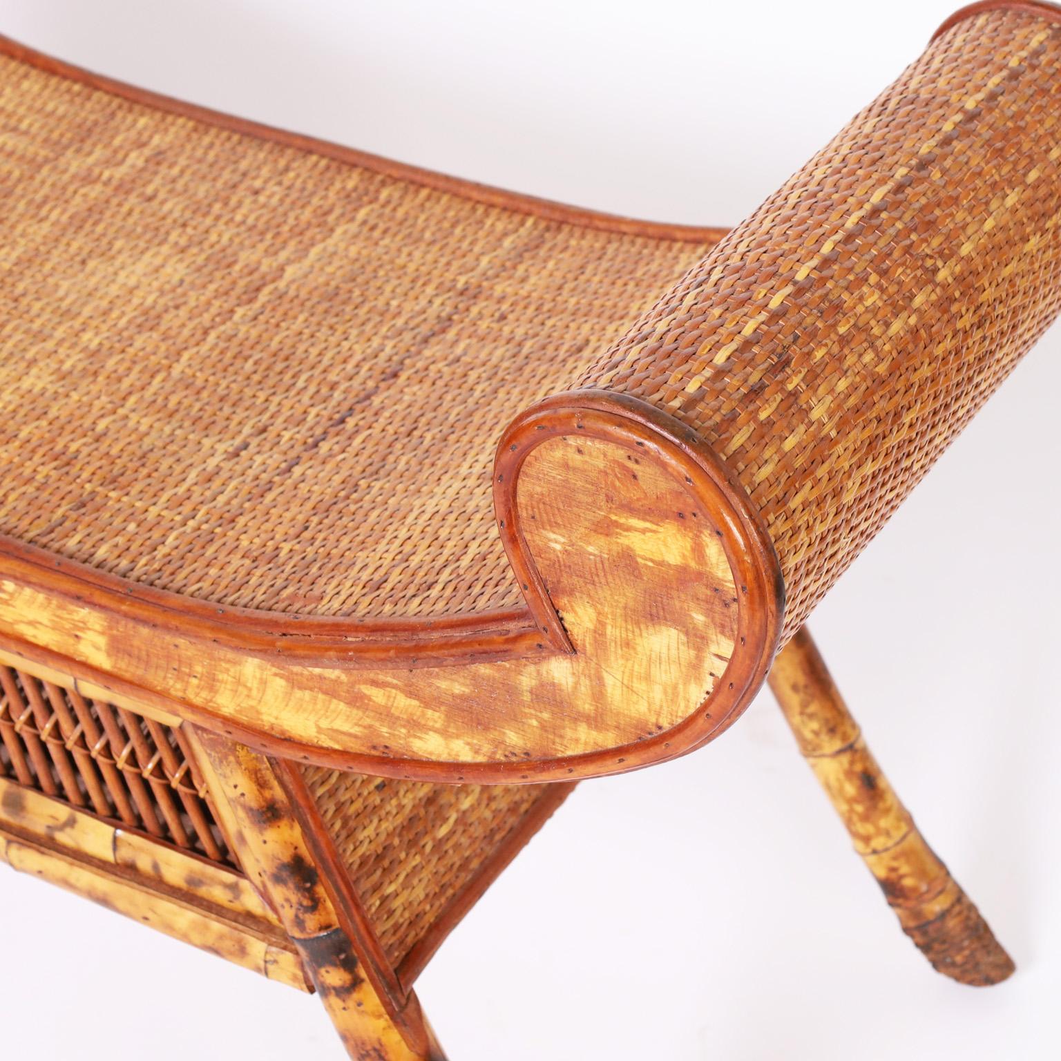 20th Century Asian Modern Bamboo and Grasscloth Bench