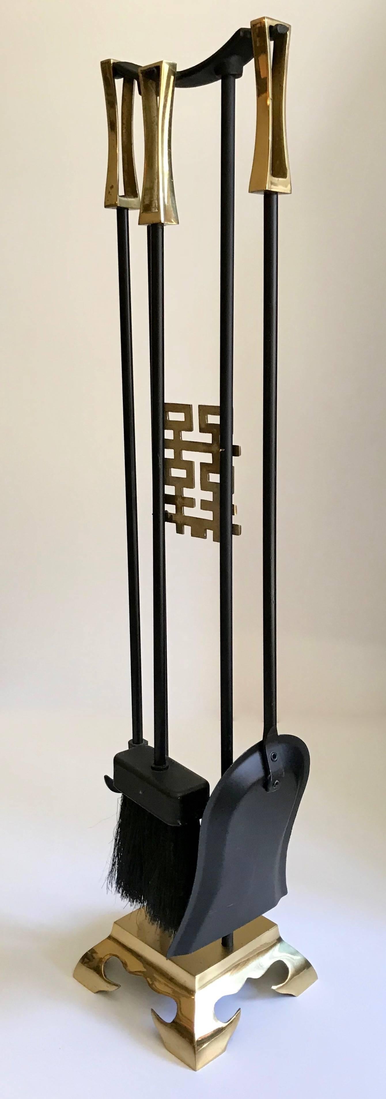 Hong Kong Asian Modern Brass and Iron Fireplace Tool Set