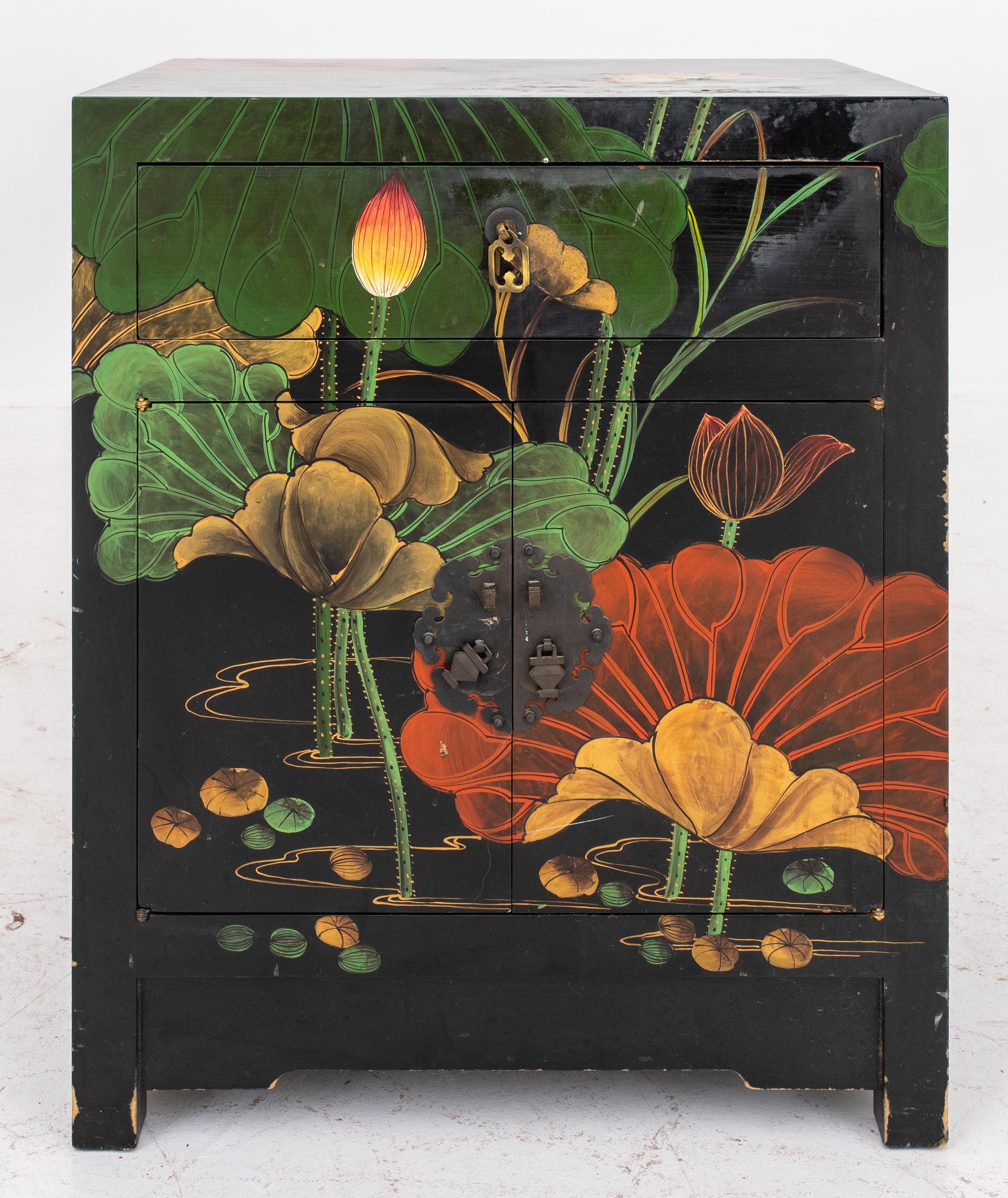 Asian modern chinoiserie lacquered cabinet / nightstand, decorated with lotus flowers, unmarked. 24