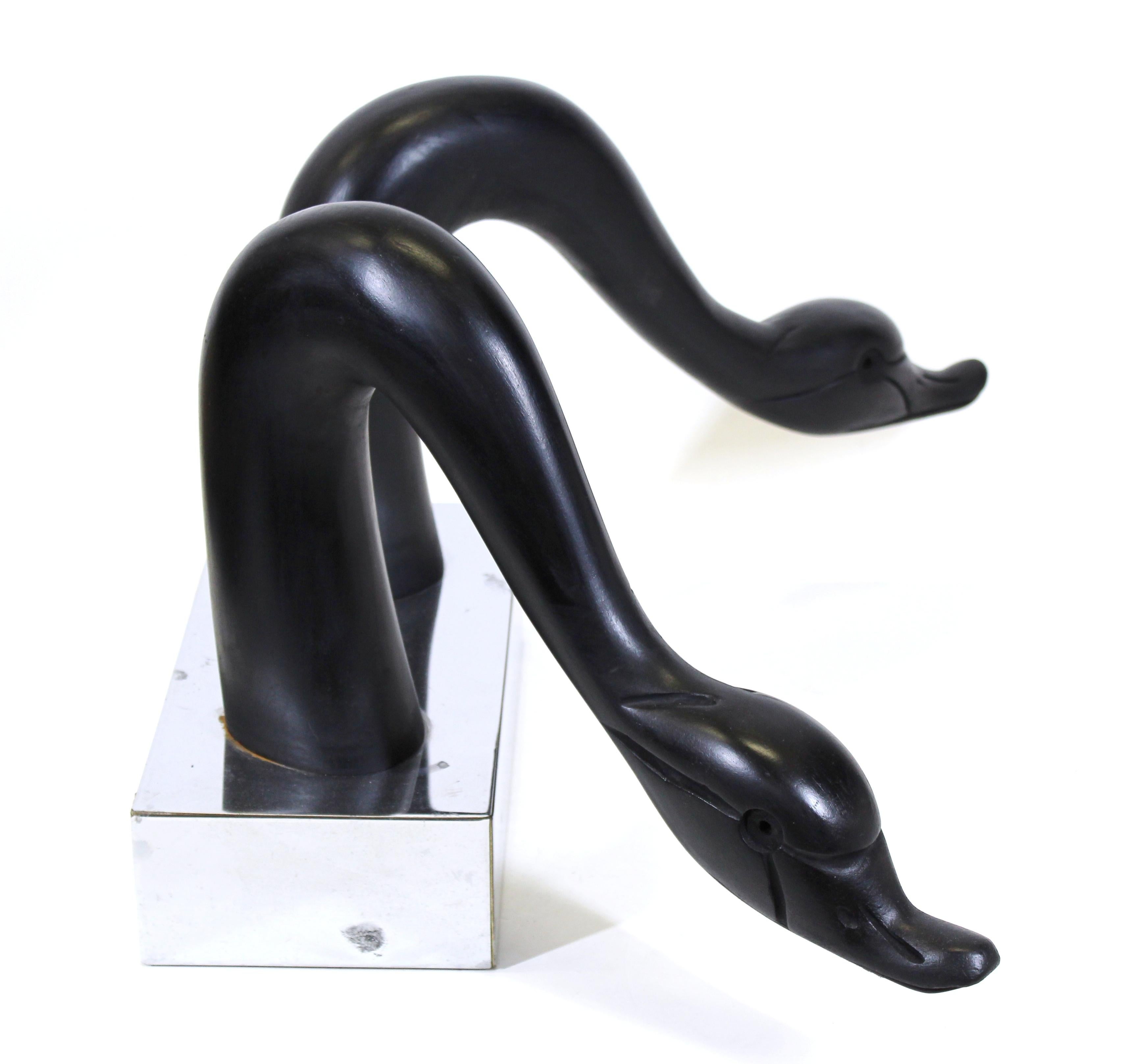 Chrome Asian Modern Ebonized Swan Head Sculpture For Sale