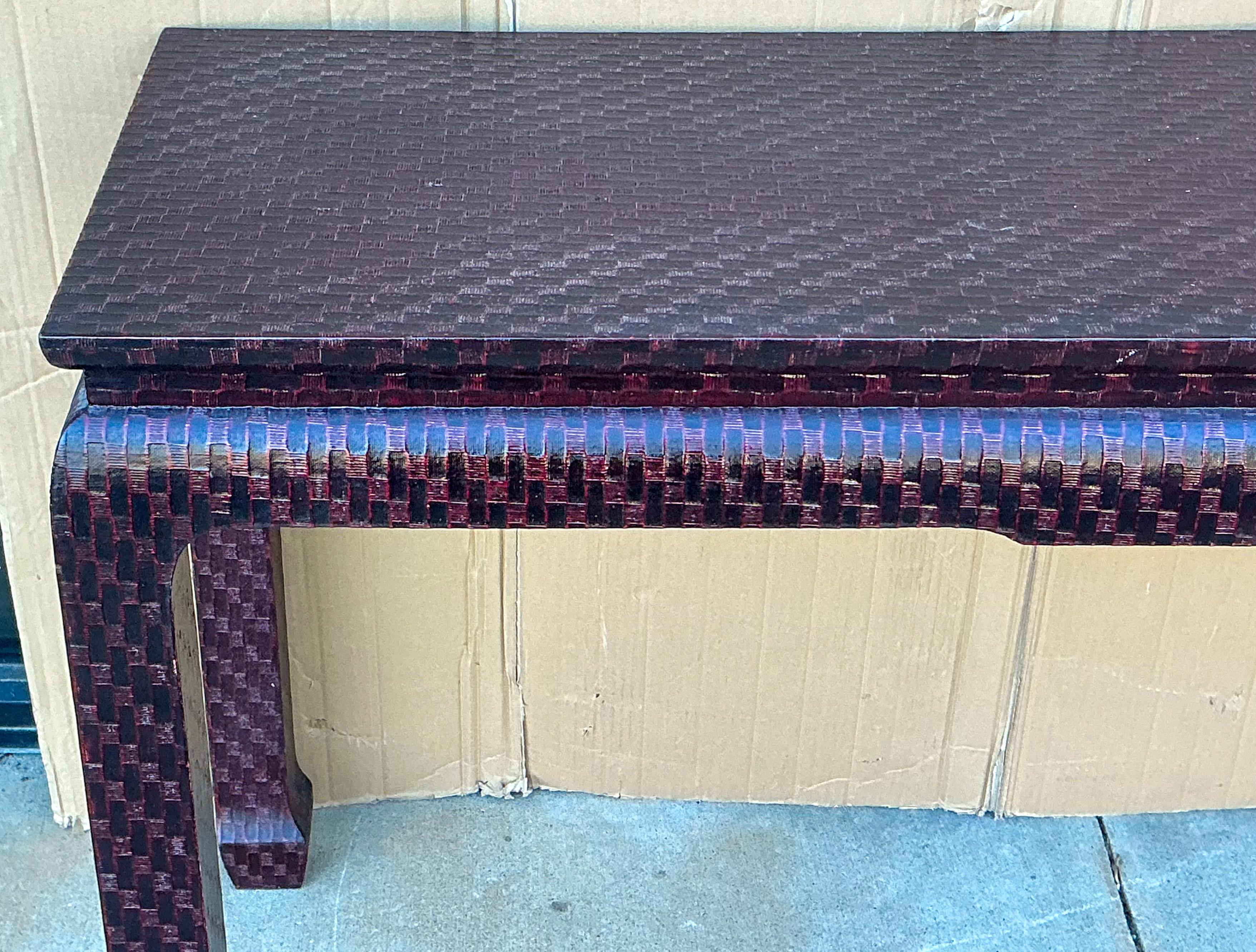 American Asian Modern Grasscloth Wrapped Ming Style Console Tables Att. Baker Furn. -Pair For Sale