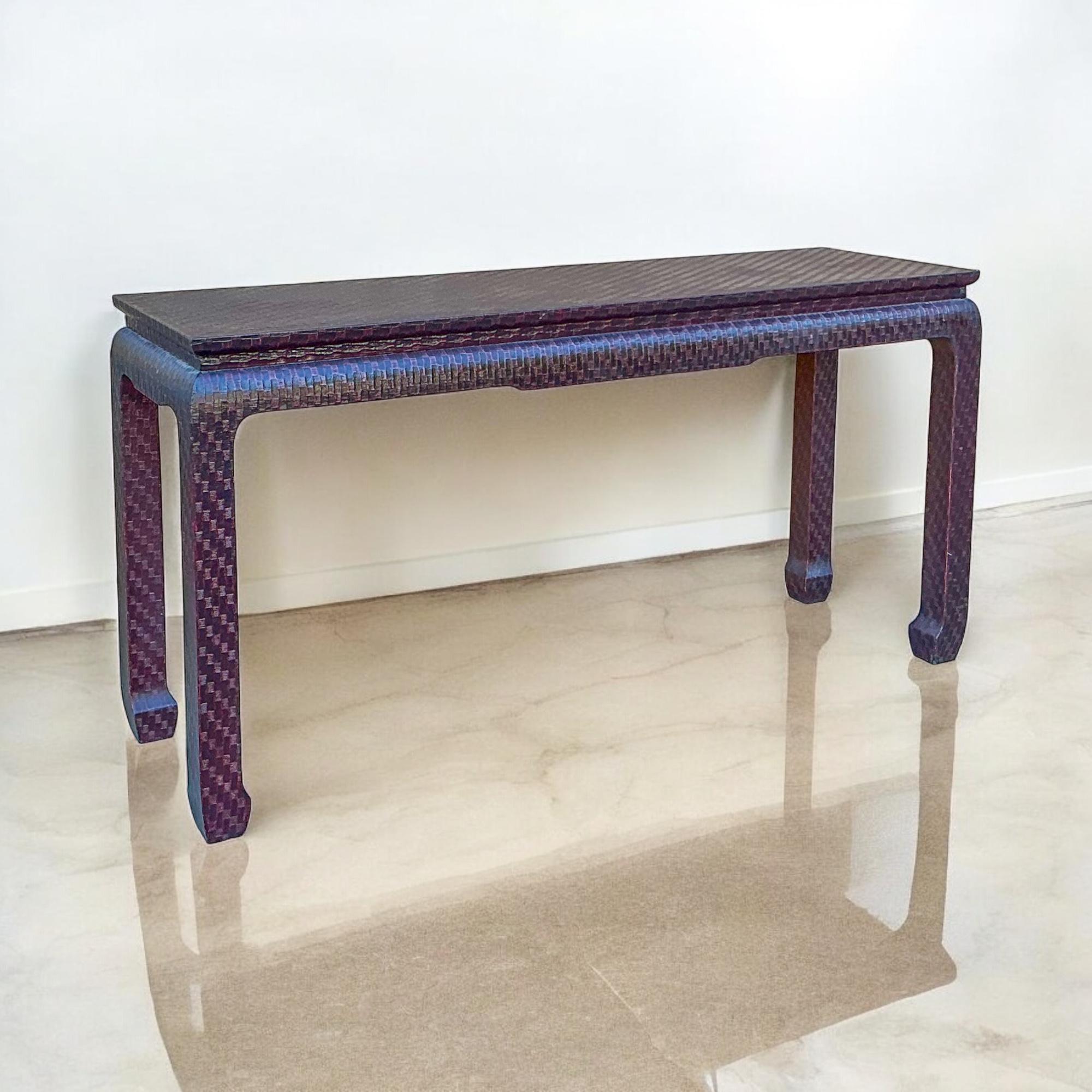 Asian Modern Grasscloth Wrapped Ming Style Console Tables Att. Baker Furn. -Pair In Good Condition For Sale In Kennesaw, GA
