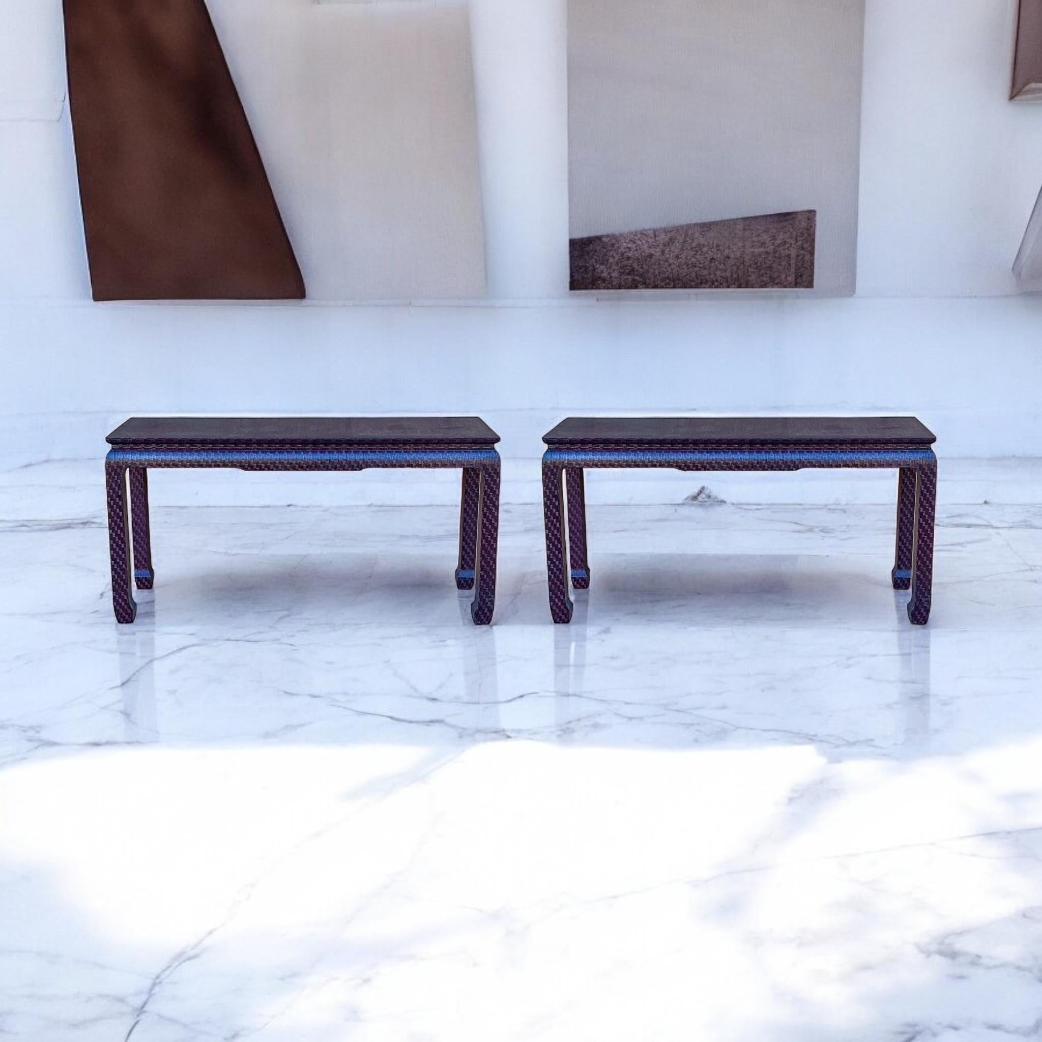 20th Century Asian Modern Grasscloth Wrapped Ming Style Console Tables Att. Baker Furn. -Pair For Sale