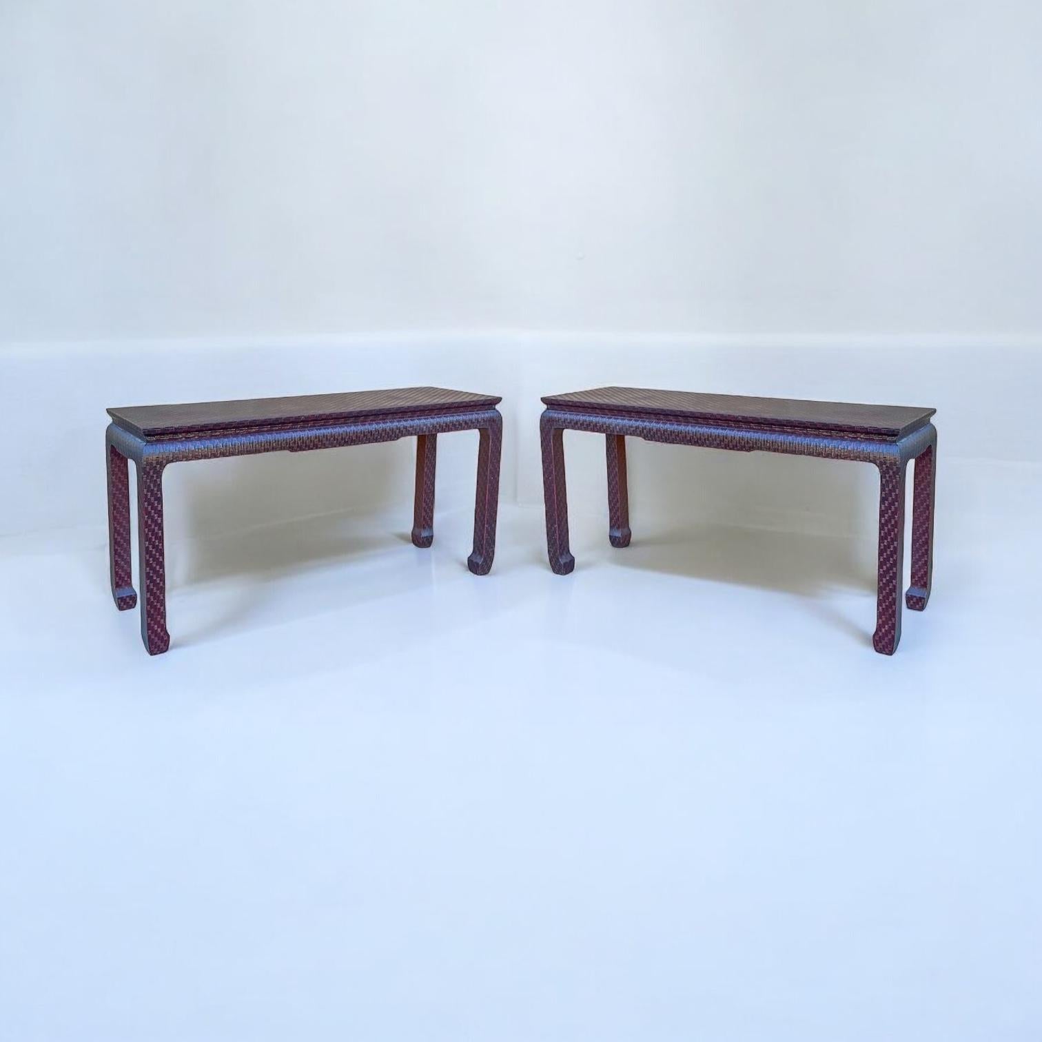 Asian Modern Grasscloth Wrapped Ming Style Console Tables Att. Baker Furn. -Pair For Sale 2