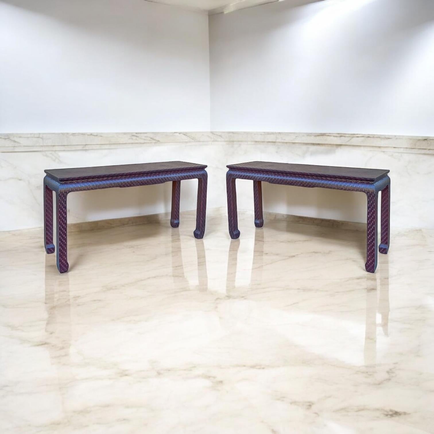 Asian Modern Grasscloth Wrapped Ming Style Console Tables Att. Baker Furn. -Pair For Sale 4