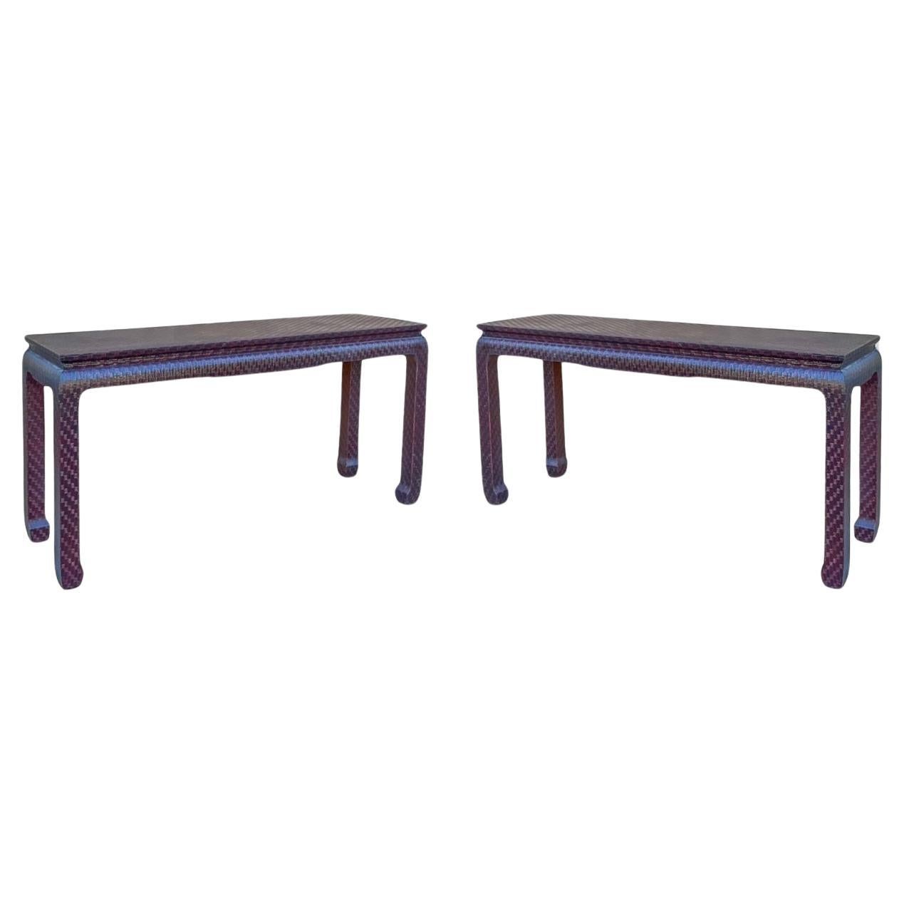 Asian Modern Grasscloth Wrapped Ming Style Console Tables Att. Baker Furn. -Pair For Sale