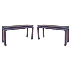 Asian Modern Grasscloth Wrapped Ming Style Console Tables Att. Baker Furn. -Pair