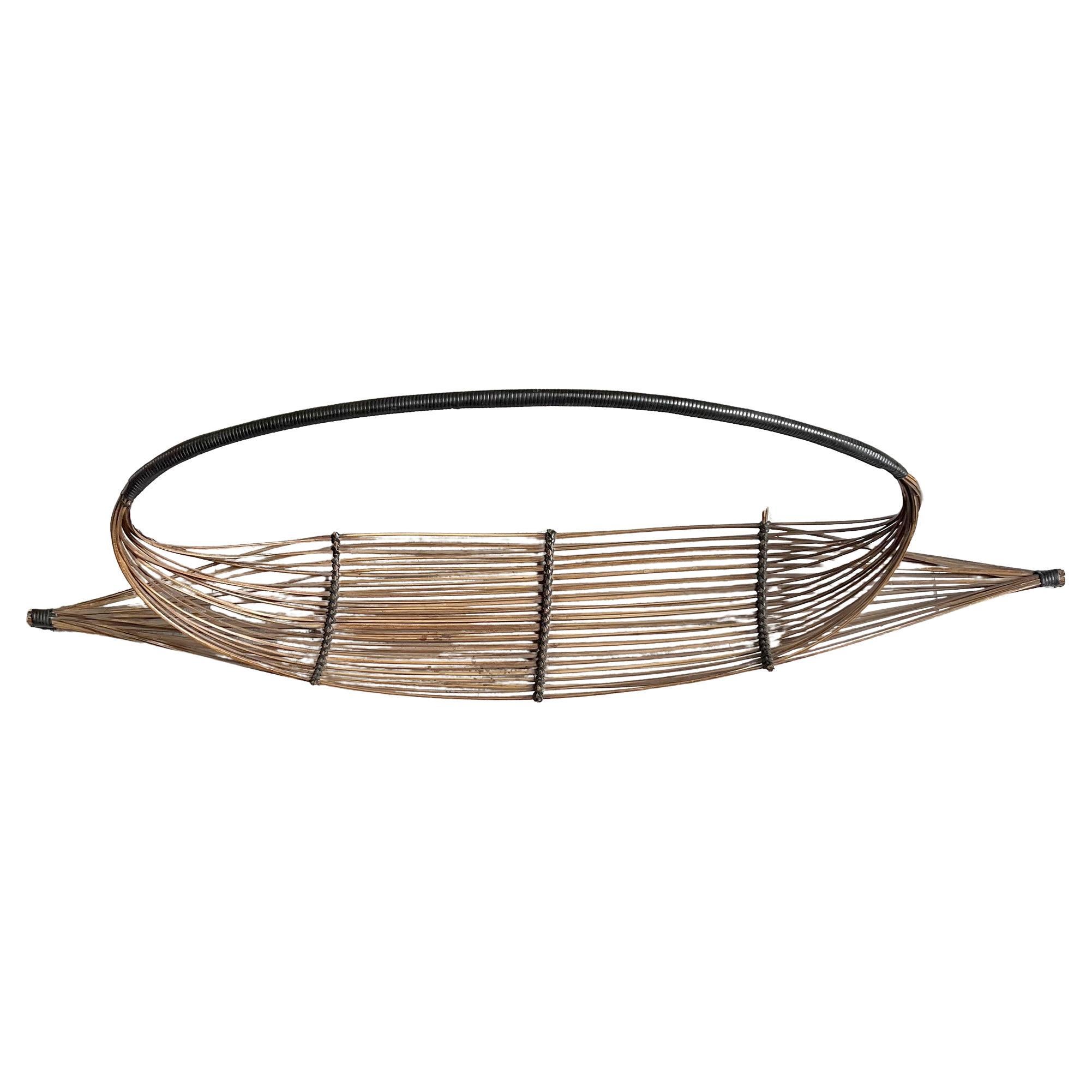 Hand-Woven Asian Modern Handmade Willow and Cane Canoe Basket with Handle For Sale