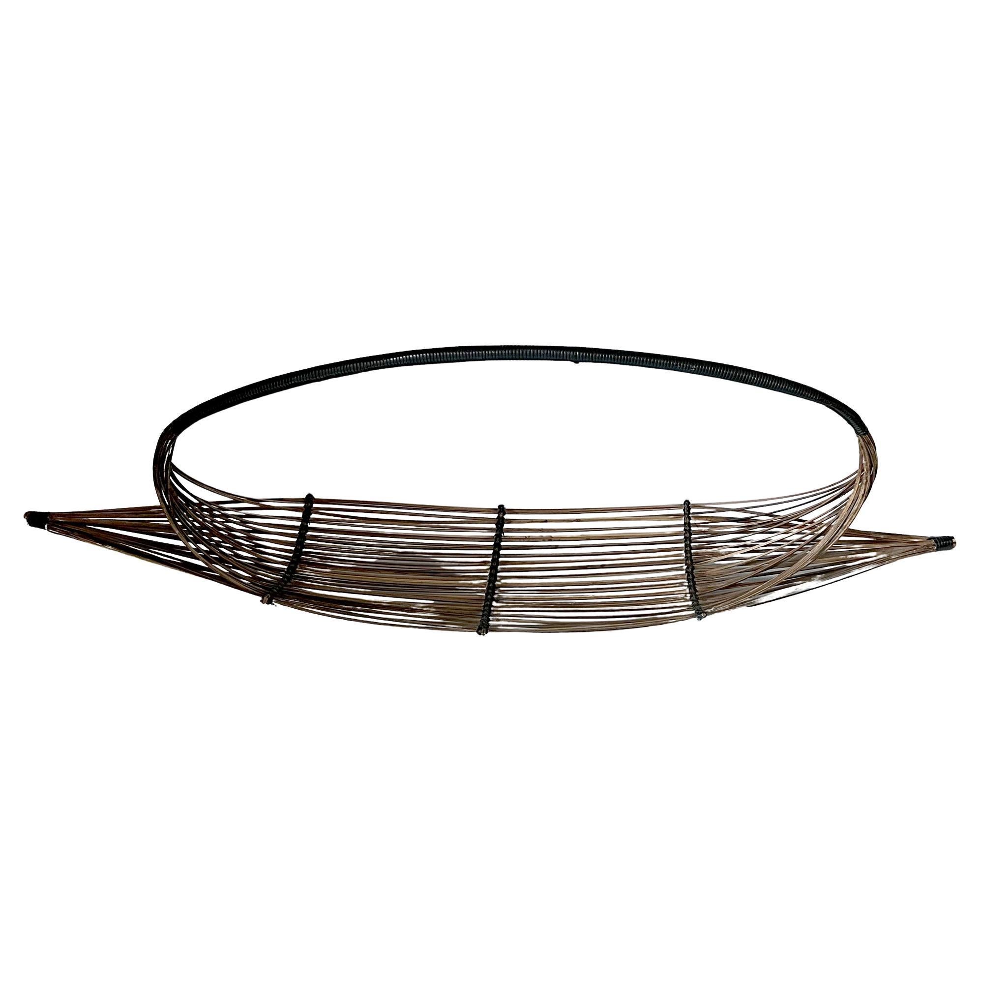 Asian Modern Handmade Willow and Cane Canoe Basket with Handle For Sale