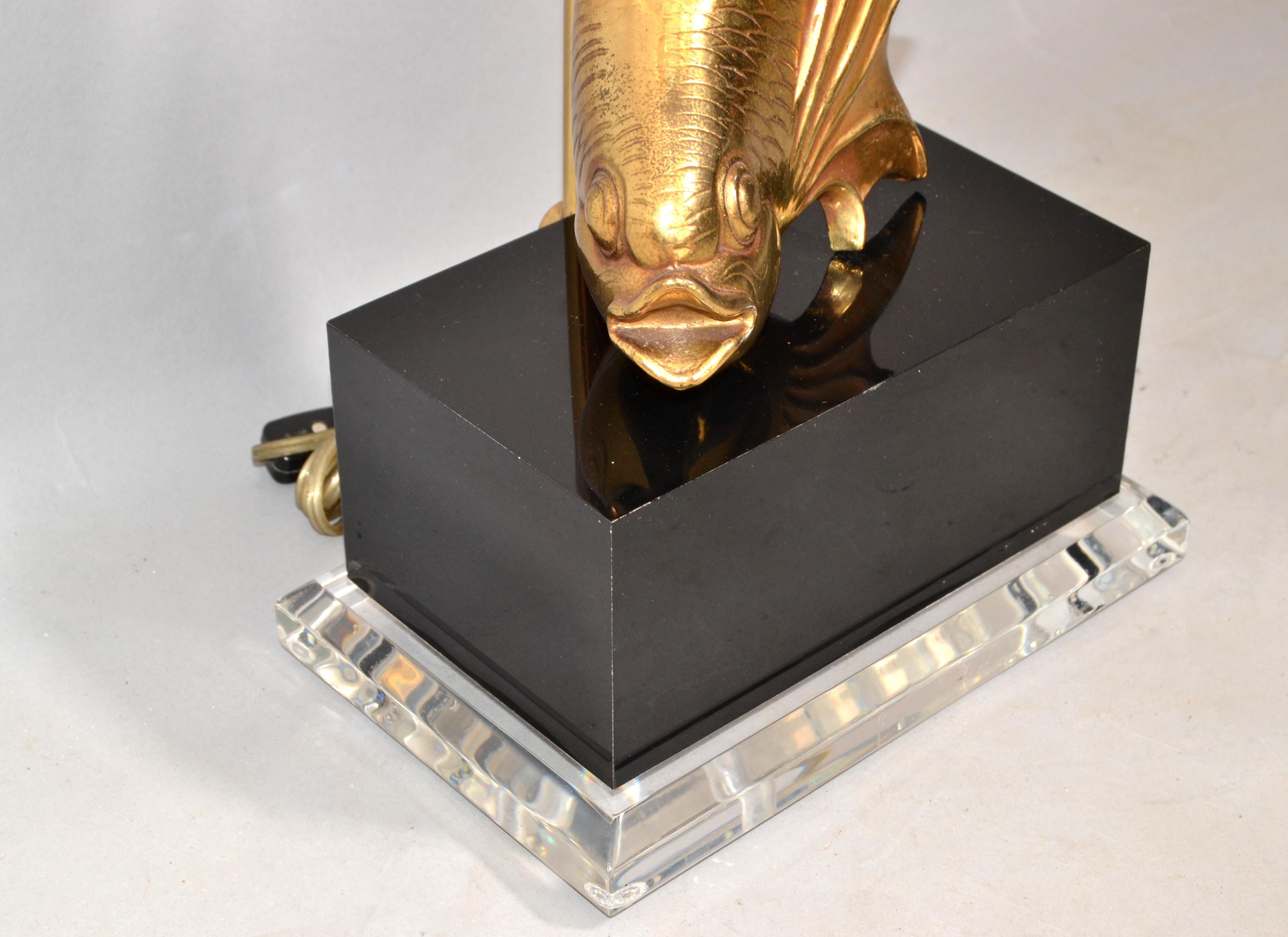 Asian Modern Japanese Brass Dragon Cast Koi Fish Sculptural Table Lamp On Lucite For Sale 4