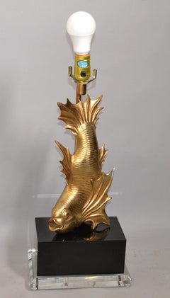 Asian Modern Japanese Brass Dragon Cast Koi Fish Sculptural Table Lamp On Lucite