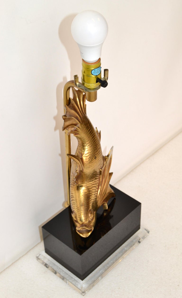 Asian Modern Japanese Brass Dragon Cast Koi Fish Sculptural Table Lamp ...
